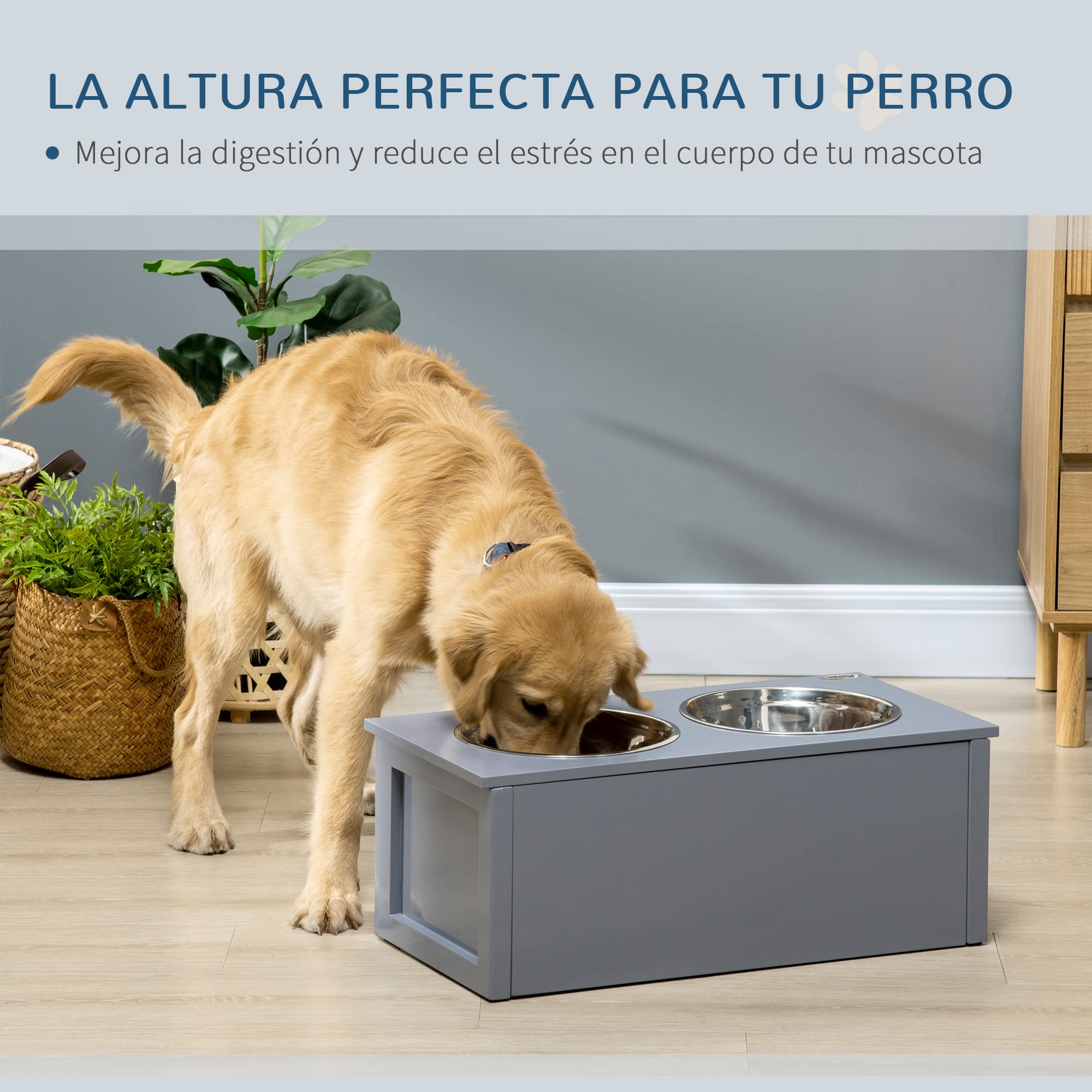 PawHut Comedero Elevado para Perros Medianos con 2 Cuencos de 2000 ml de Acero Inoxidable Comedero Alto para Perros con 1 Cajón 63x30x24 cm Gris