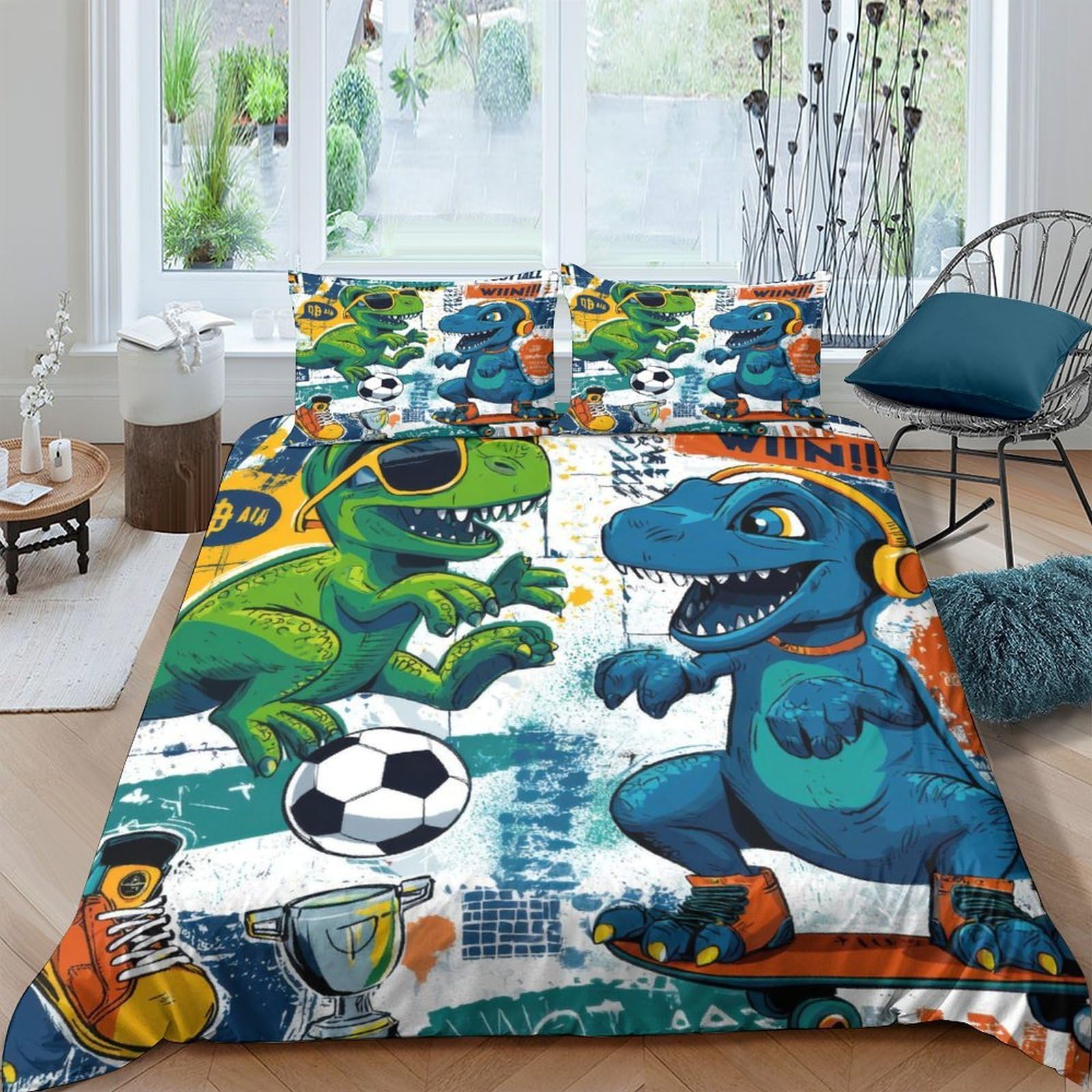 Ctjqhvkz Style-10 3D Printed Dinosaur Football Fitted Sheet Microfiber Soft Cartoon Skateboard Bed Cover For Bedroom Dorm Mattress Decor Single（135X200cm）