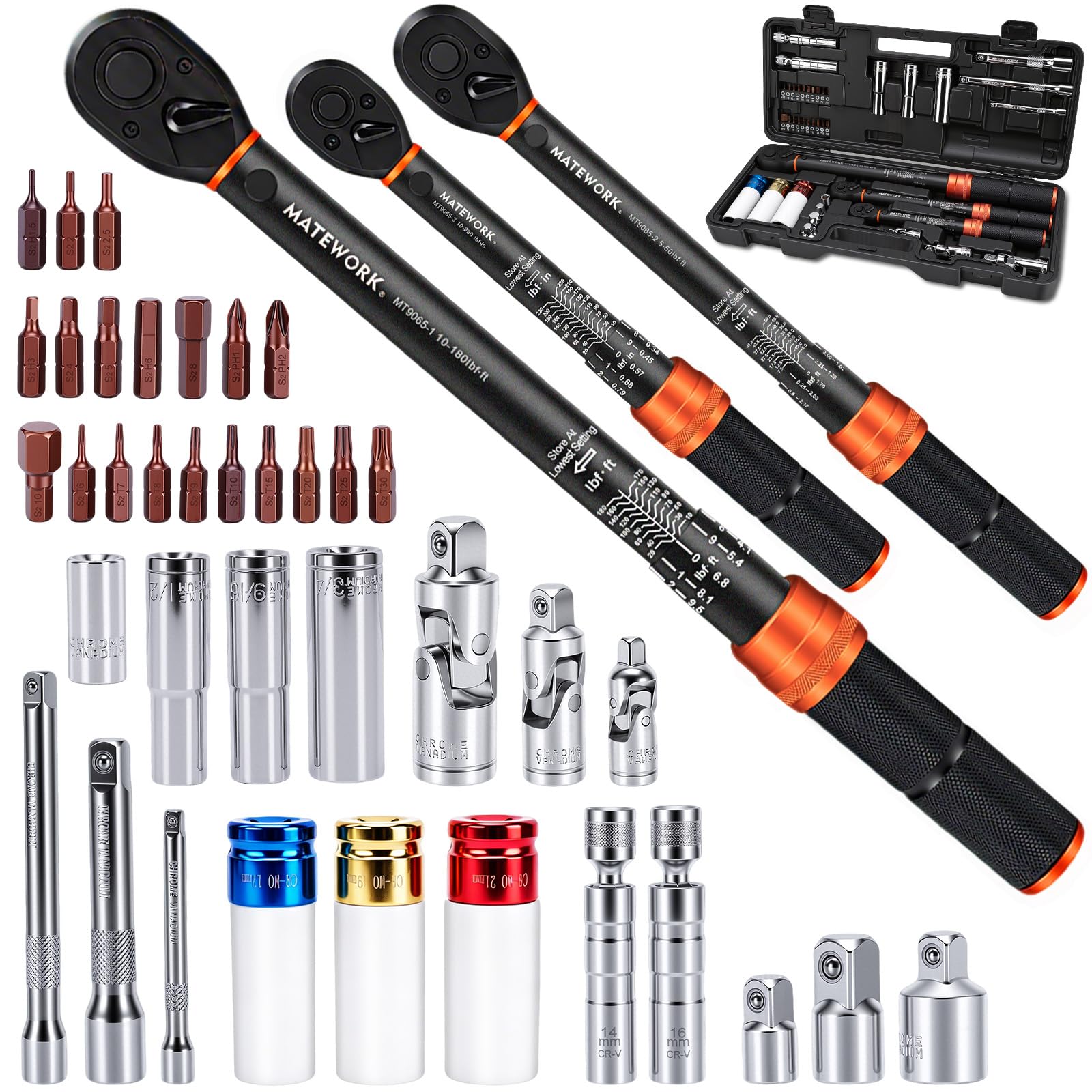 41PCS Torque Wrench Set 1/4 3/8 1/2-Inch Drive, Complete Click Torque Wrench Kit with Sockets, Bits, Extension Bars & Adapters, ±3% Accuracy 72-Tooth Dual-Scale Wrenches for Bike, Moto, Car, Truck-image-23