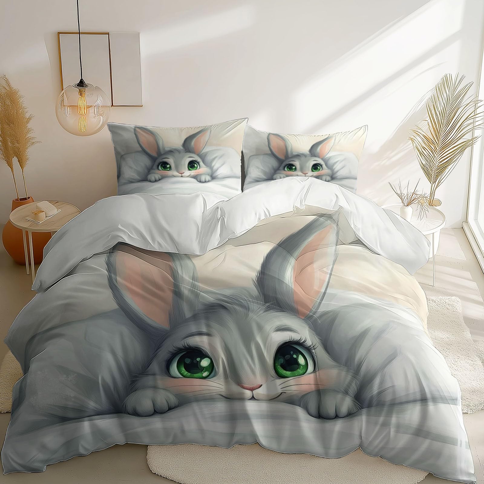 Funda Nordica Adorable Dibujos Animados Conejo, 240 x 260 cm Microfibra Suaves Juego de Ropa de Cama para niños Adultos Cama, Blanco Juego de Funda Reversible