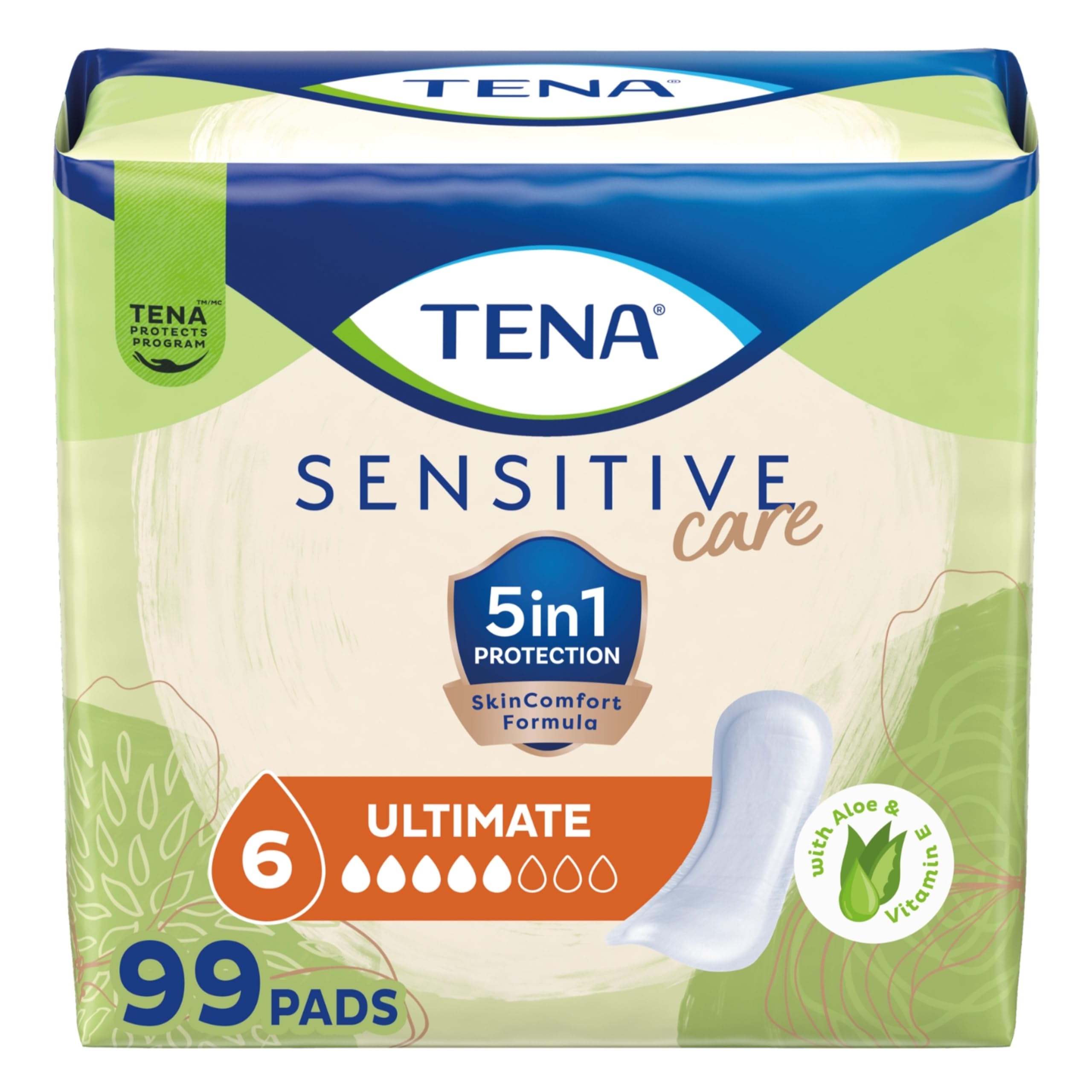TENA Incontinence Pads, Bladder Control & Postpartum for Women, Ultimate Absorbency, Aloe and Vitamin E, Extra Coverage, Long, Sensitive Care - 99 Count