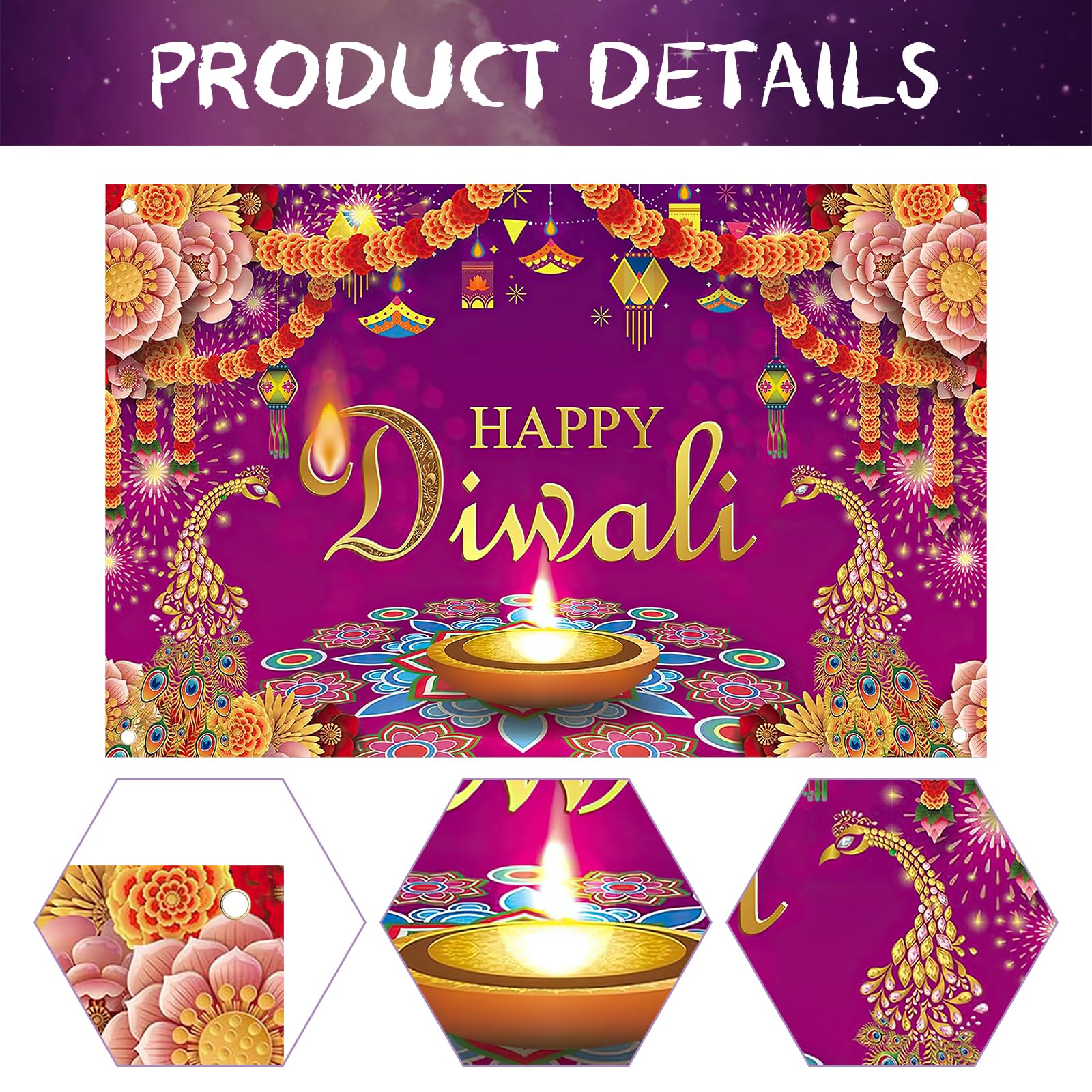 Happy Diwali Backdrop Banner Decorations, Indian Festival of Lights Party Supplies - Image 3