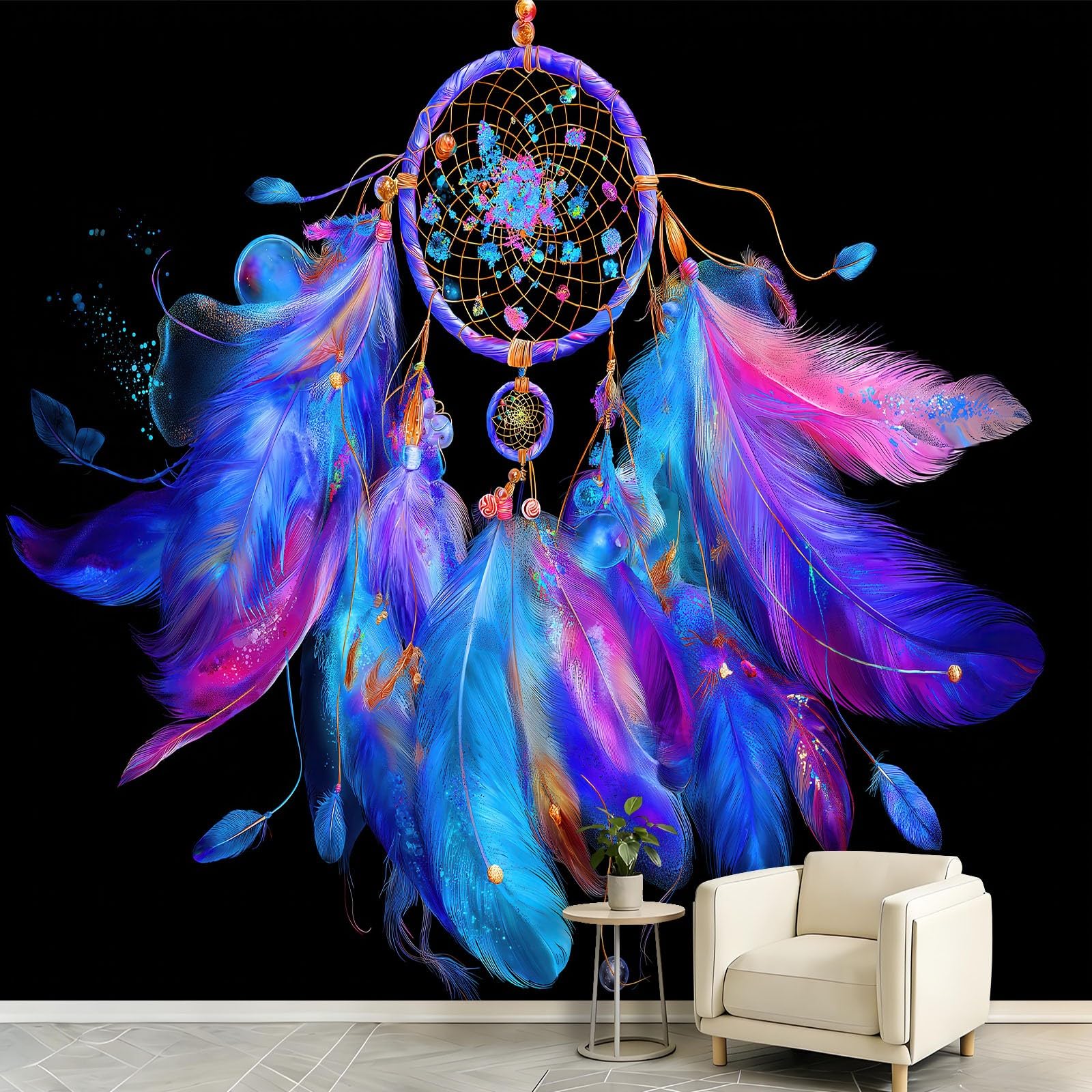 Générique Panoramiczna tapeta artystyczna fantasy akwarelowa, tapeta z włókniny do pokoju dziecięcego i salonu, 350 x 256 cm łapacz snów z piór wisiorek dekoracja ścienna XXL