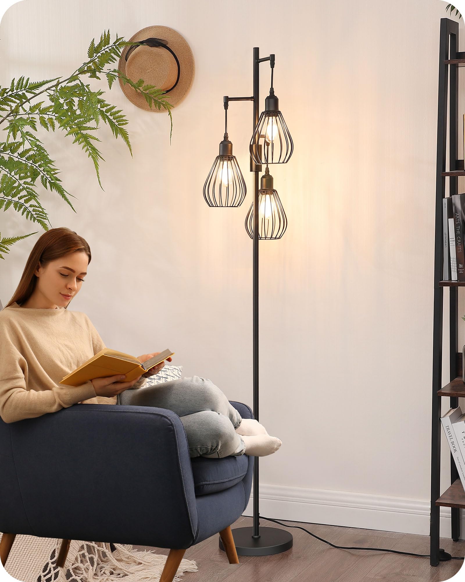 EDISHINE Lampada da terra industriale per soggiorno, 3 lampadine LED E27 incluse, bianco caldo 2700K, paralume in gabbia di metallo nero Lampada da terra design vintage retrò dimmerabile, 166 CM