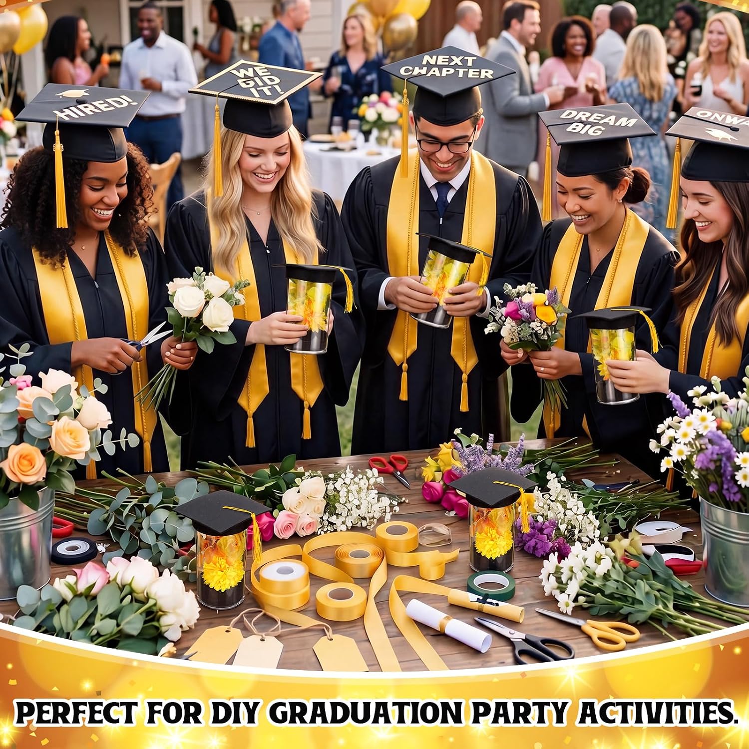 FoldTier 38 Pcs 2026 Graduation Table Centerpieces Set, DIY Grad Party Decorations with Mason Jar Style Vases, Felt Caps, Artificial Flowers, Eucalyptus Sprigs, Class of 2026 Table Decor Gifts(Yellow)