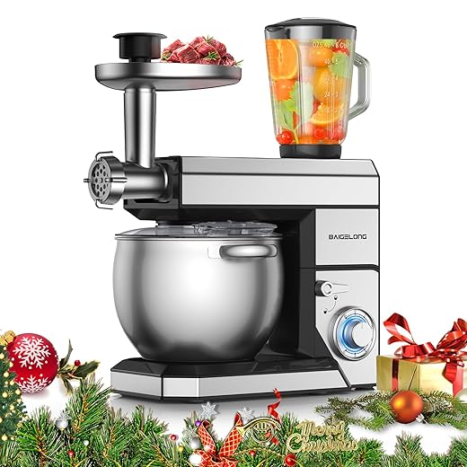 6-IN-1 Stand Mixer, 8.5 Qt. 1500W Multifunctional Electric Kitchen Mixer,With Dough Hook, Whisk, Beater, Meat Grinder, Blender, Splash Guard 9 Accessories for Most Home Cooks