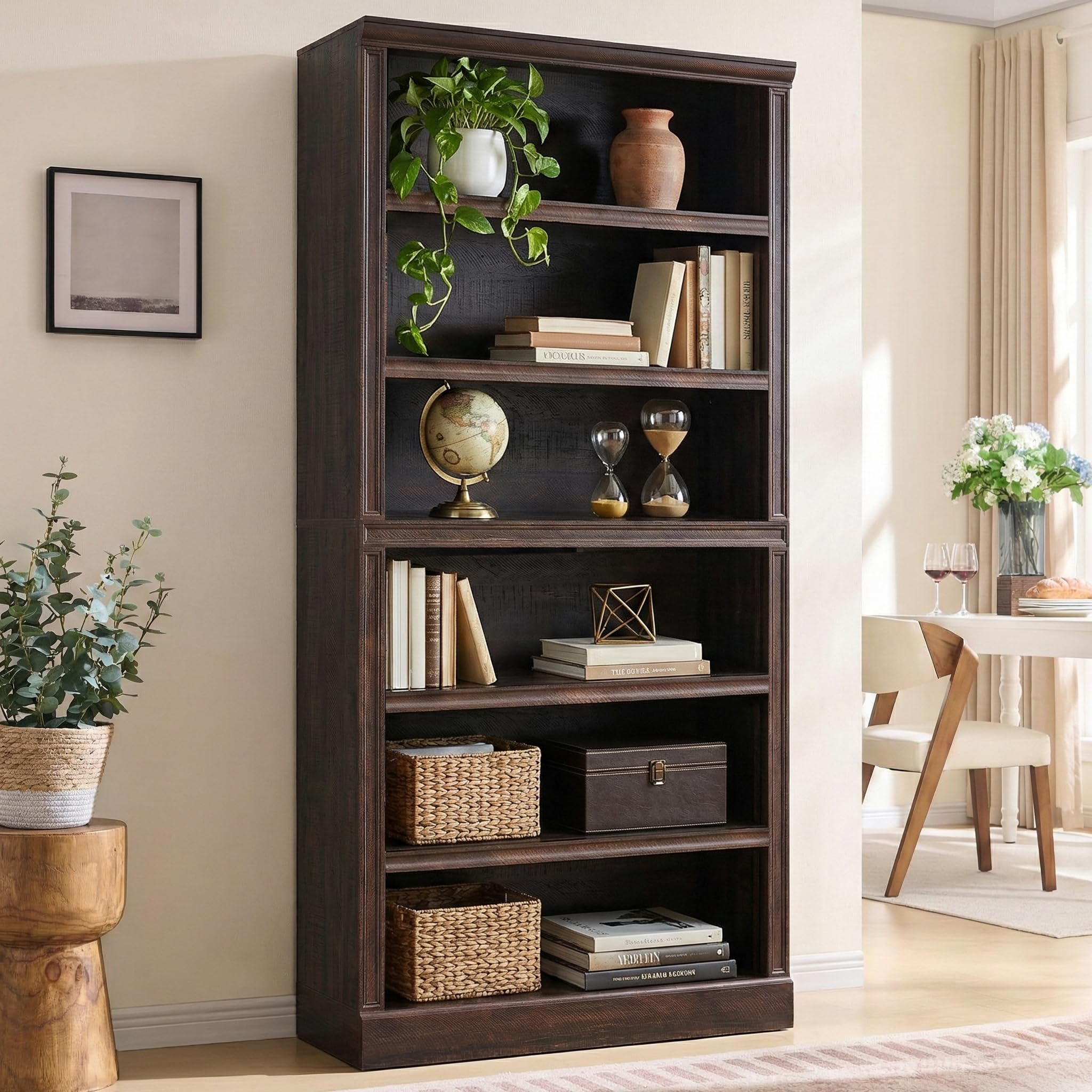 Six-Tier Farmhouse Walnut Bookcase - 75"