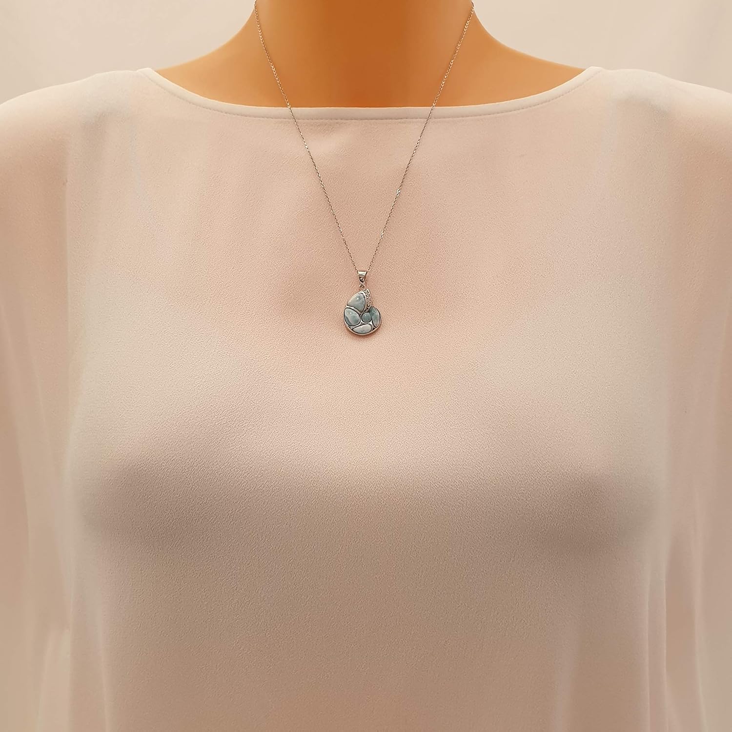 Kiara Jewellery 925 Sterling Silver Snail With CZ Pendant Necklace Inlaid With Natural Larimar on 18" Sterling Silver Belcher Chain. Rhodium Plated - Image 3