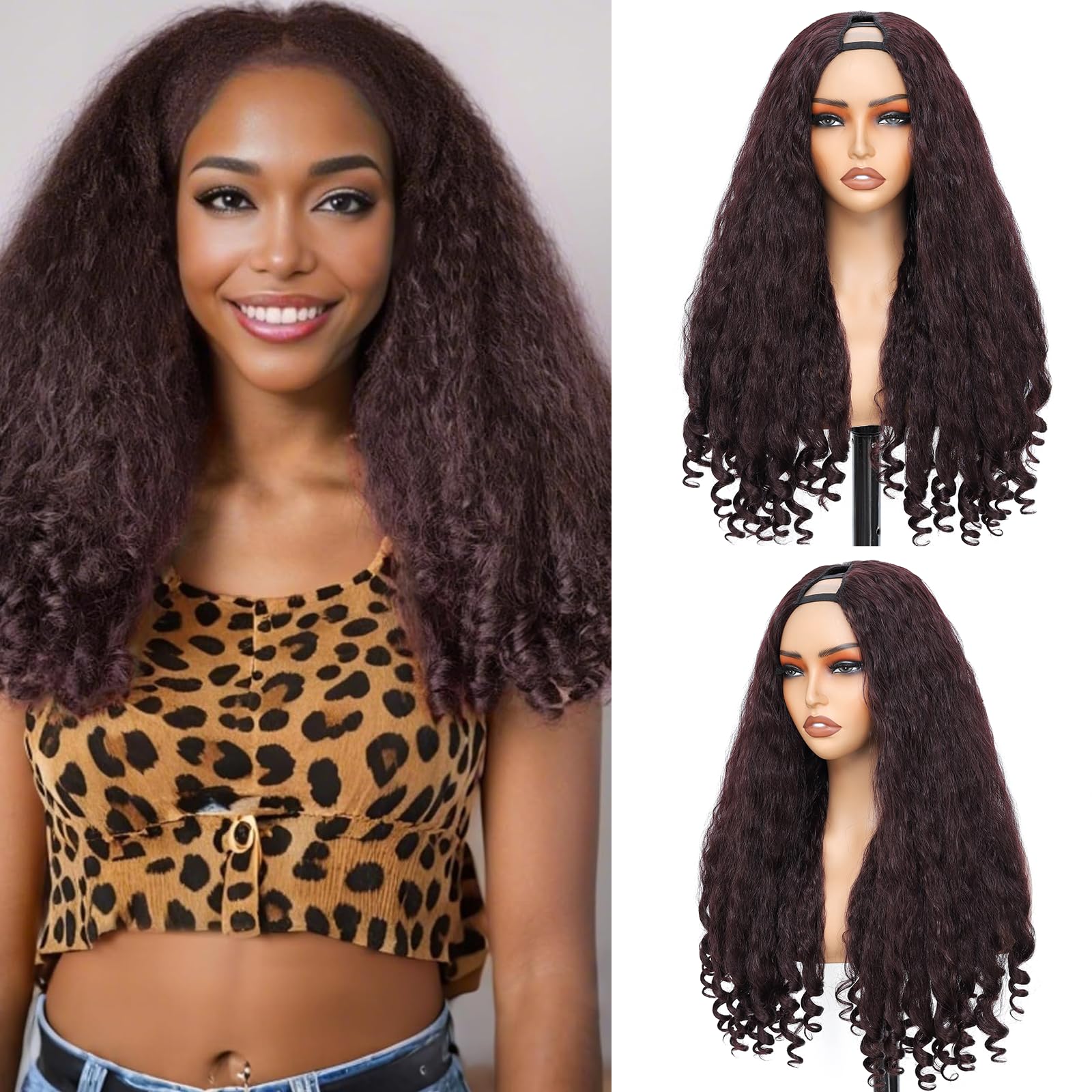 Yacurcur Afro Wig V Part Kinky Curly Wigs for Black Women 180% Density Wear and Go Glueless Wig with Unique Bouncy Curls in the End Synthetic Burgundy Red No Leave out Clip in 24 Inch(#99J)