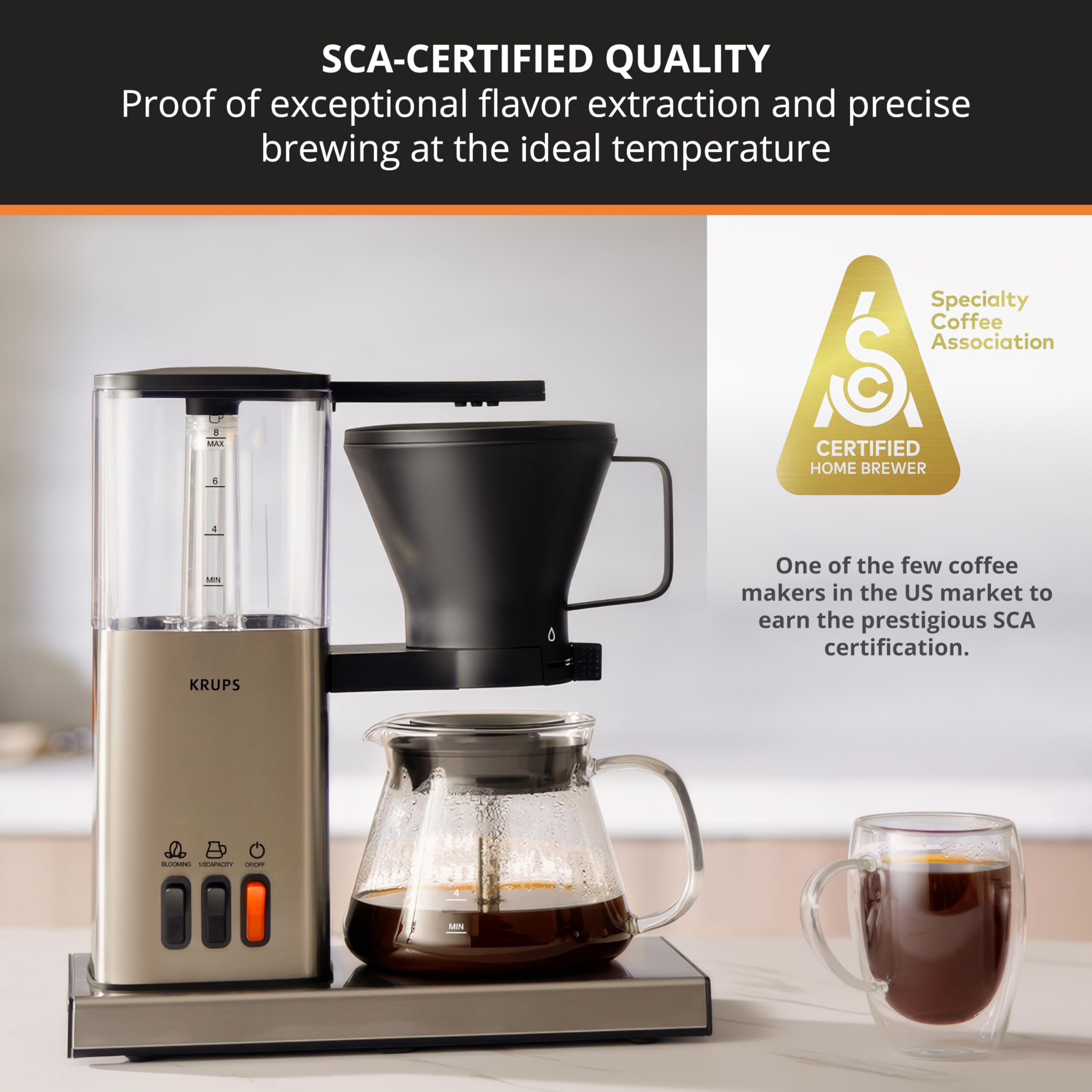 KRUPS Essential Brewer 8 Cup Drip Coffee Maker Machine SCA-Certified, Blooming Technology, Barista-Quality, Pour-Over Coffee Machine, Easy to Clean Dishwasher Safe,Stainless Steel Design, Silver