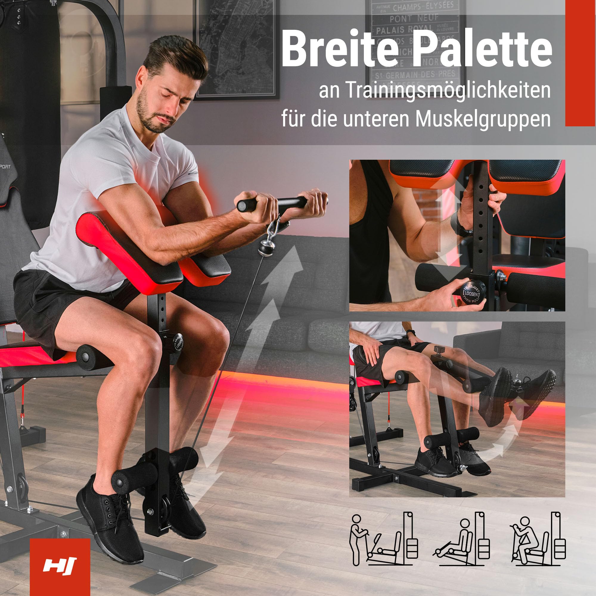Hop-Sport Kraftstation für Zuhause, Fitnessstation Home Gym mit 72 kg Gewichtsblock, Latzug & Kabelzug, Butterfly, Dip-Station, Curlpult, klappbare Schrägbank, Boxsack inkl. Handschuhe