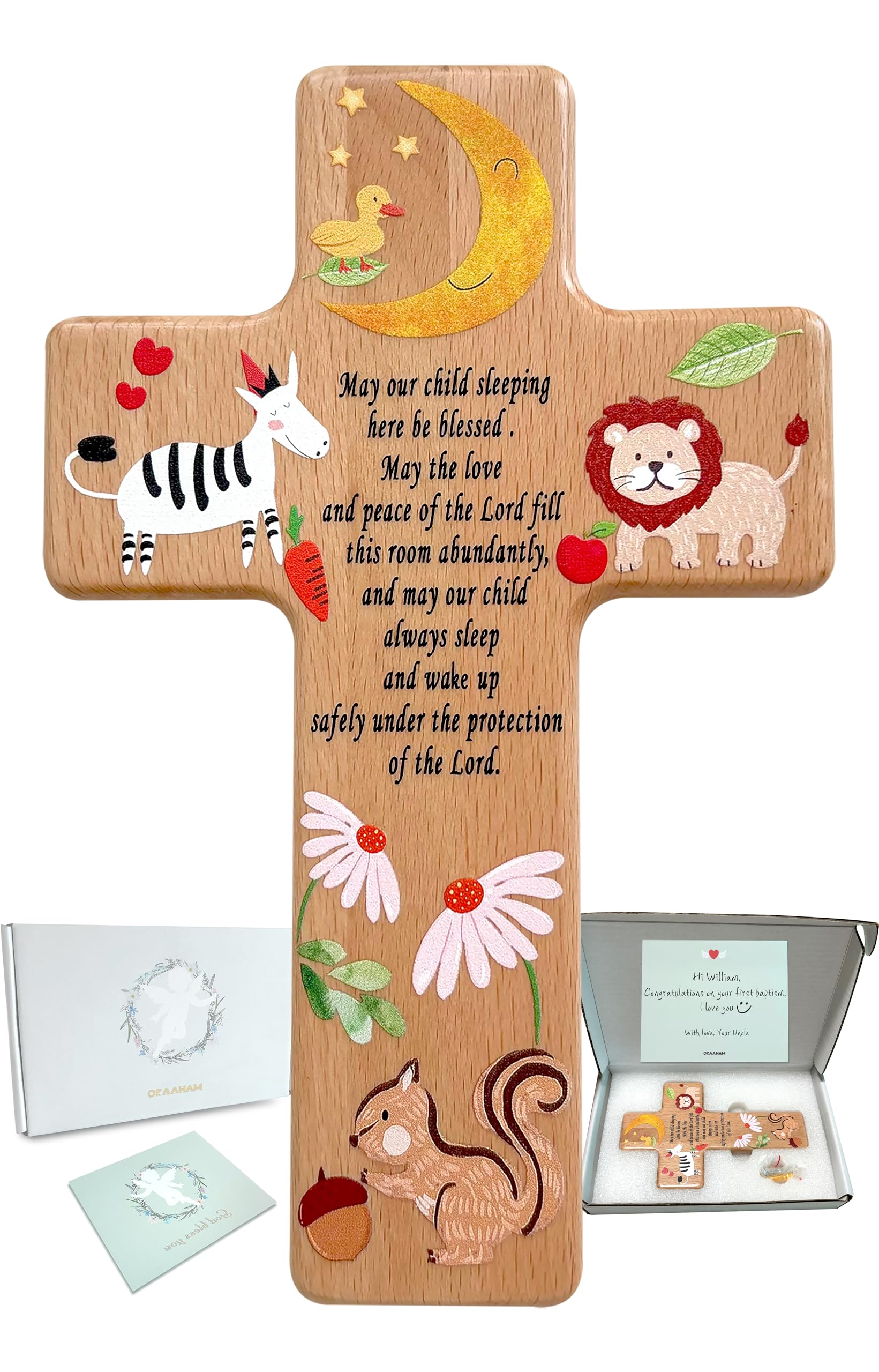 Oraaham Baby Wall Cross-Decorative Wood Cross & angel Child room Wall Hanging for Nursery Perfect Keepsake Baptism, Christening Gift for Boys&Girls