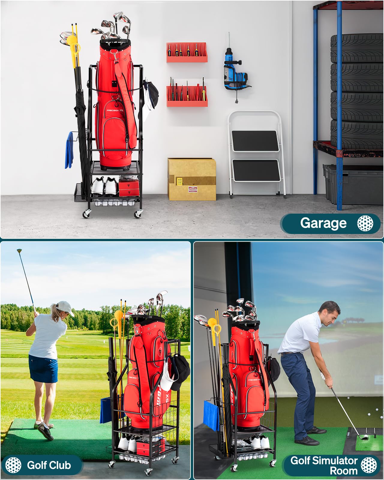EXTCCT Organizer per sacche da golf, supporto per sacche da golf e mazze da golf, palline da golf, accessori per attrezzature da golf, rack extra large per garage