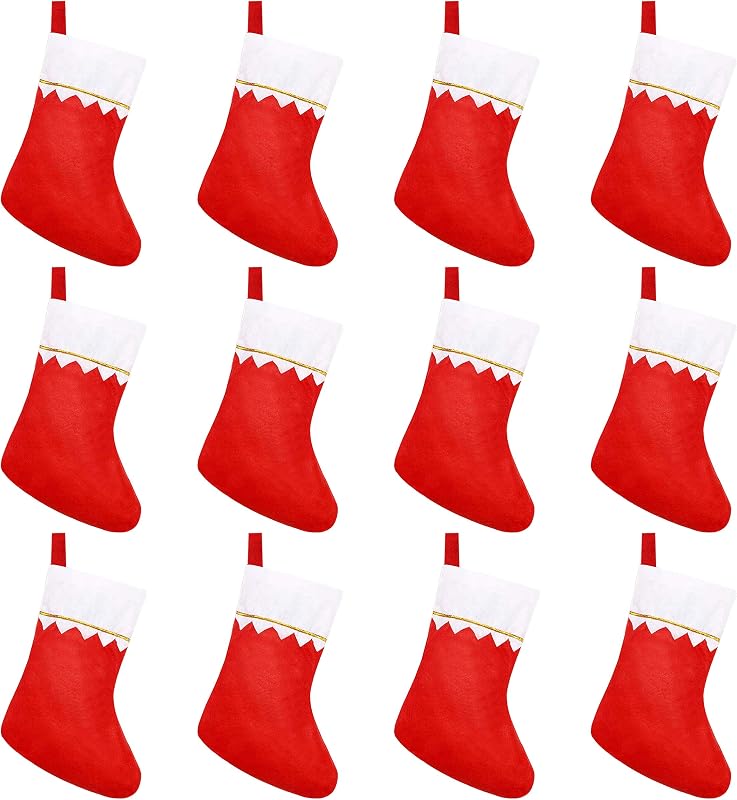 CCINEE 12 Uds Medias navideñas de Fieltro para Chimenea navideña Medias Colgantes Tela No Tejida Roja con Adornos Dorados