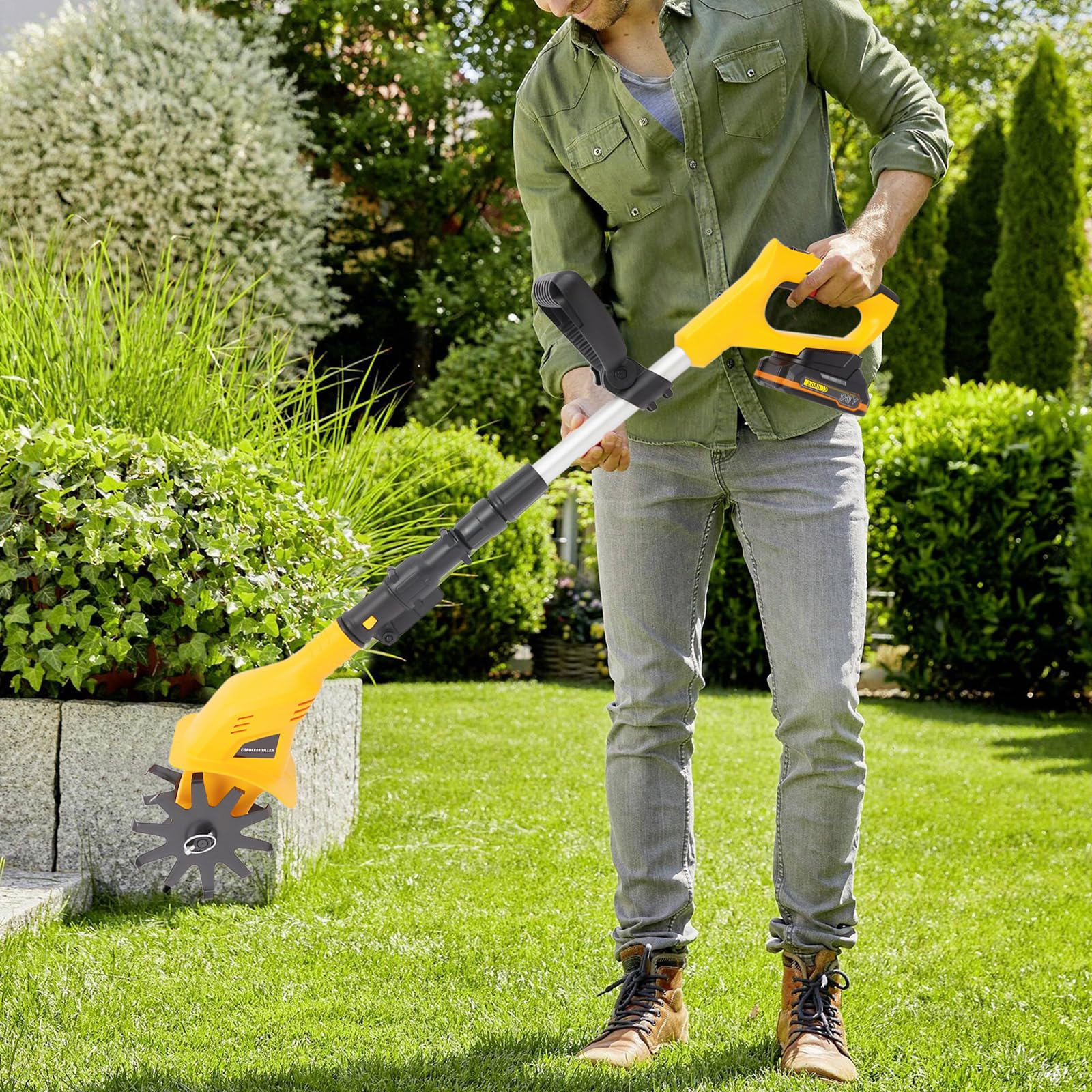 Motozappa a batteria con batteria da 2,0 Ah, zappa elettrica da 20 V con 250 giri/min, motozappa per allentare il terreno e rimuovere le erbacce, zappa da giardino portatile (profondità di lavoro 25