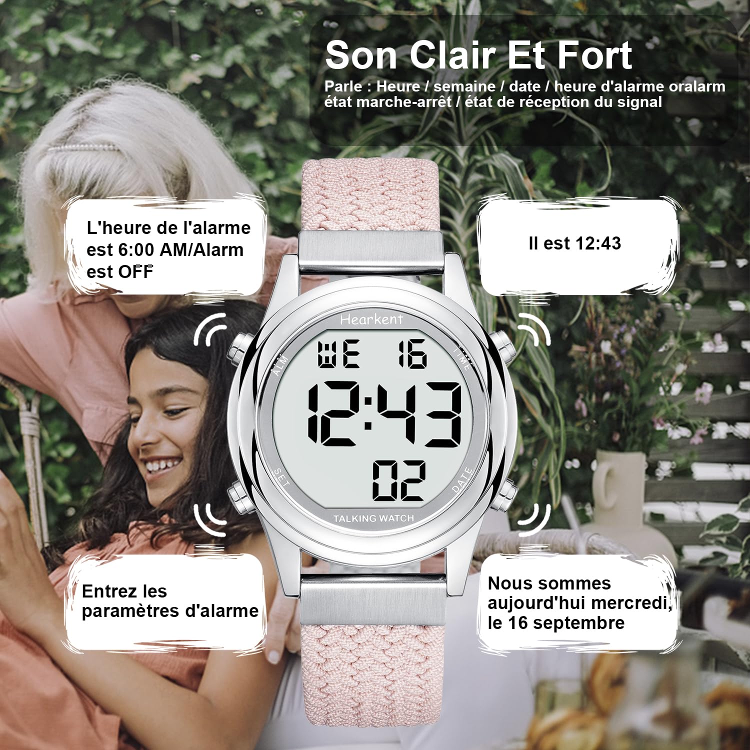 Hearkent Montre parlante numérique pour Femme avec Voix française agréable, écran LCD à Grands Chiffres, pour Personnes malvoyantes, âgées ou aveugles