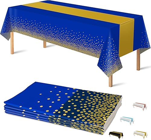 Miniatura 9 de OHOME Paquete de 4 manteles desechables de plástico para fiestas, manteles rectangulares azul real y dorado para bodas, cumpleaños, decoración del