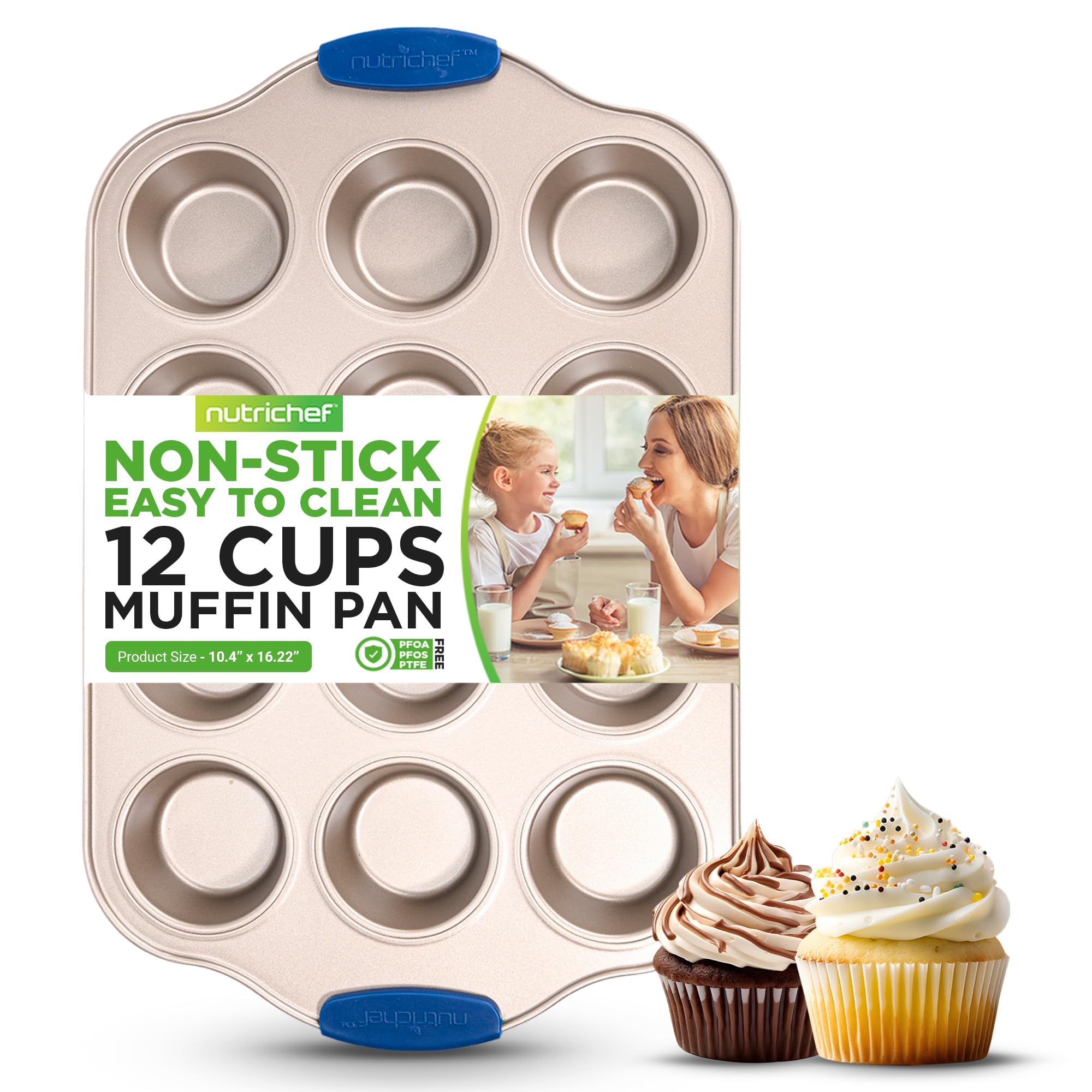 Nutrichef 12 Cup Muffin Pan, Durable and Nonstick Carbon Steel Bake Pan with Silicone Handles, Kitchen Essential Cupcake Pan, Stain Resistant, Easy Clean, PFOA, PFOS, PTFE Free, 16.22'' x 10.43''