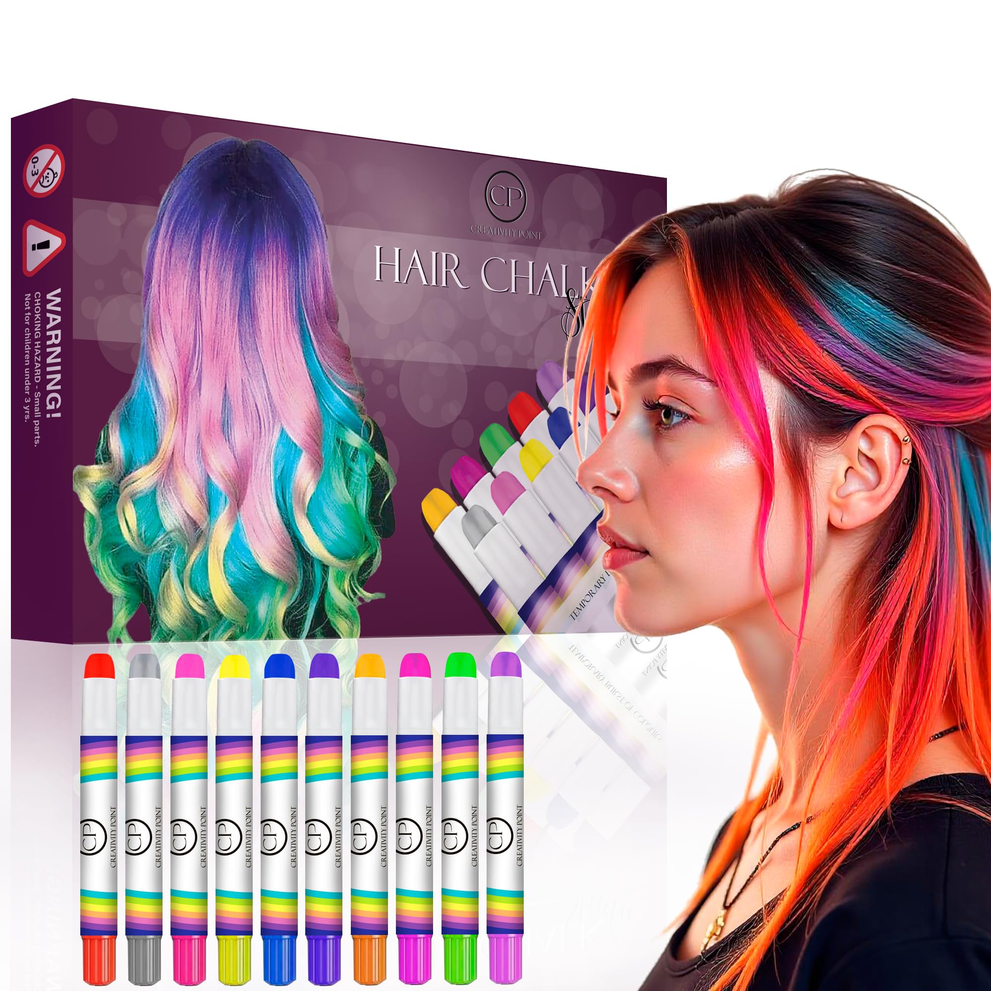 Hair Chalk Gift for Girls - 10 Pens Temporary Non-Toxic Easy Washable Hair Dye Colorful, Pens, Gift Birthday Party Girls