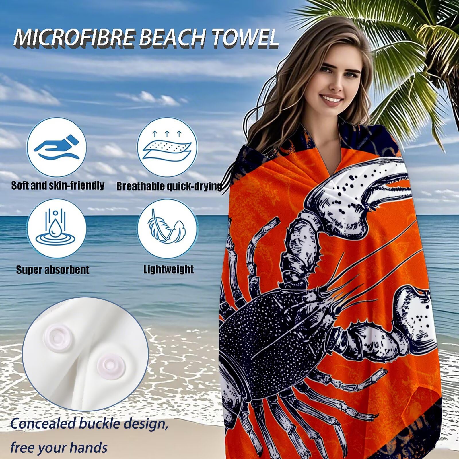 Telo Mare Microfibra, Telo Mare Grande 200x100 cm Set da 2, Antisabbia Asciugatura Rapida Assorbente Salvietta da Spiaggia Asciugamano per Palestra Piscina Viaggi Picnic, Regali Donna Aragosta Q-714