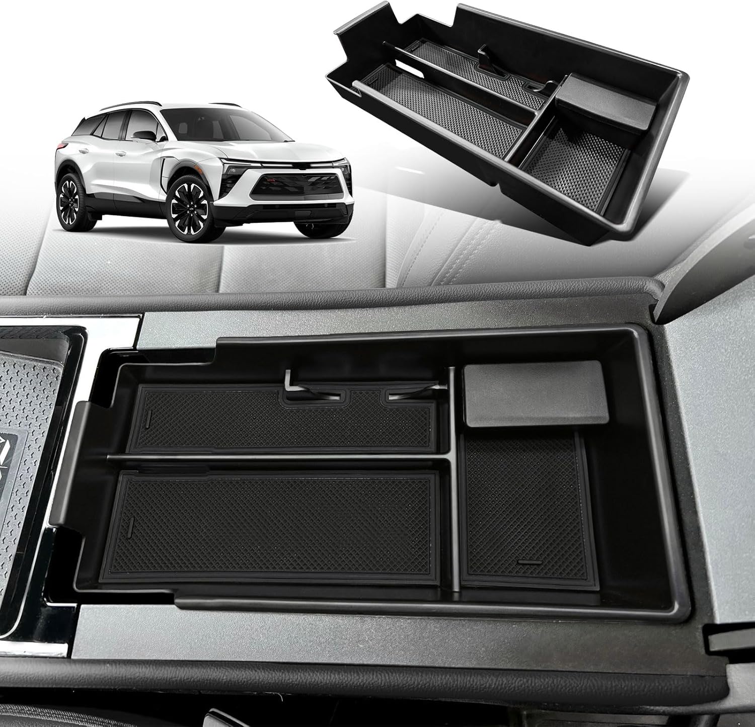 BestEvMod Center Console Organizer Tray for Chevy Blazer EV 2023-2026 - ABS Armrest Storage Box w/ PVC Trim & Removable Coin Holder, Black