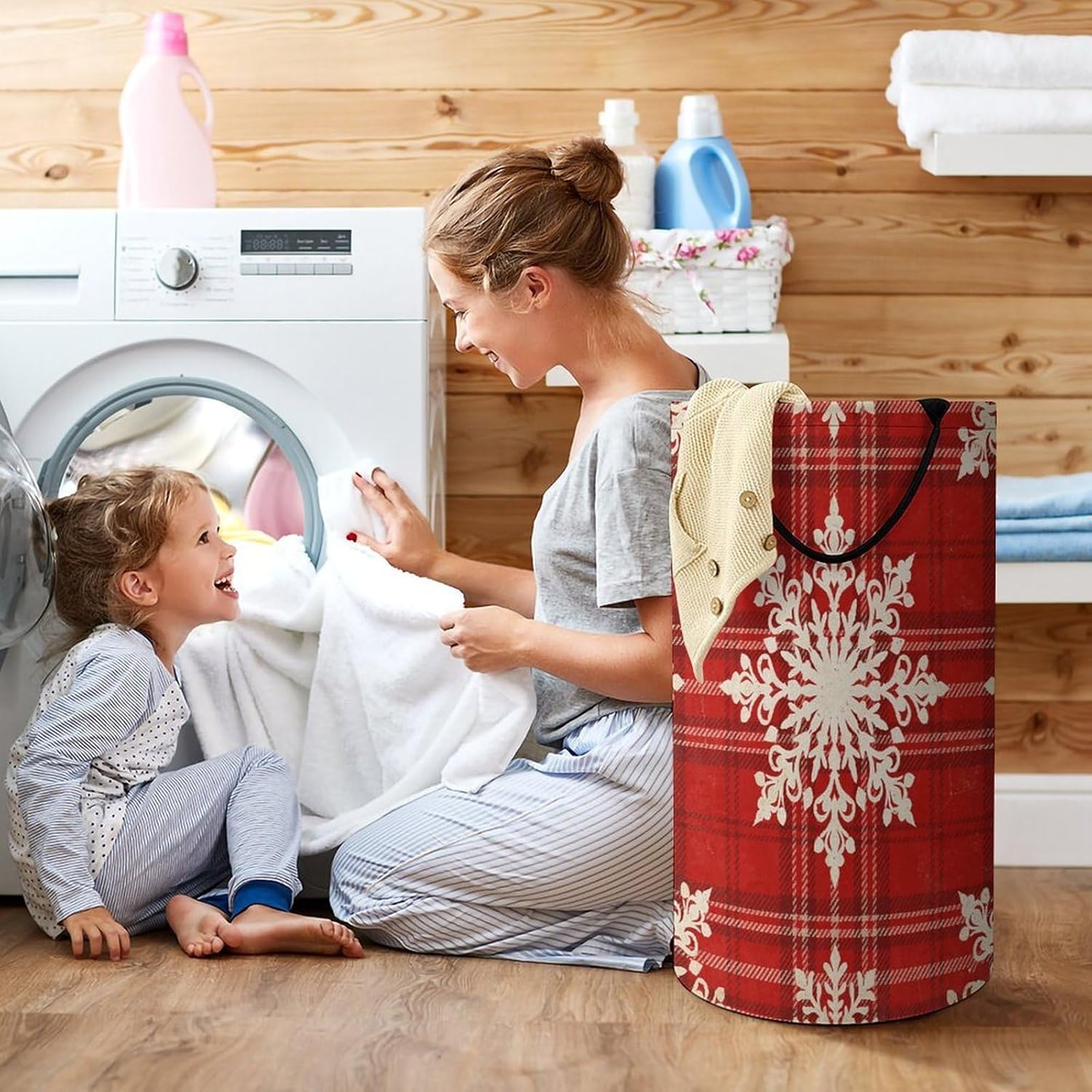 Plaid Snowflake Red Laundry Hamper with Handles Waterproof Collapsible Laundry Basket Large Lightweight Round Dirty Clothes Hamper for Home Dorm Bathroom Decor