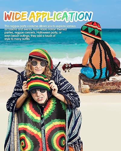 Miniatura 7 de Juego de 3 accesorios de disfraz jamaicano de Halloween, sombrero rasta con rastas negras, peluca con patrón jamaicano, chalecos de sol rasta para
