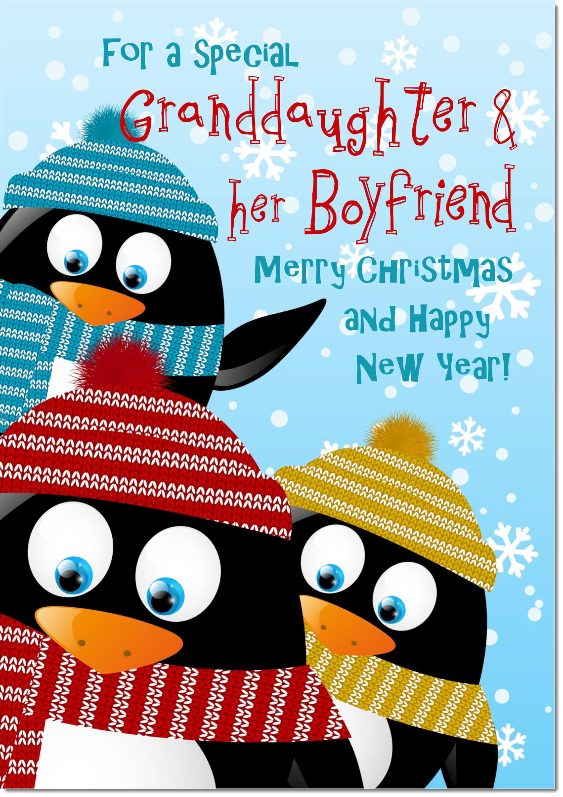 doodlecards Granddaughter and Boyfriend Christmas Card Three Penquins Large A4 Size Christmas Card for Granddaughter & Boyfriend with Plain Envelope