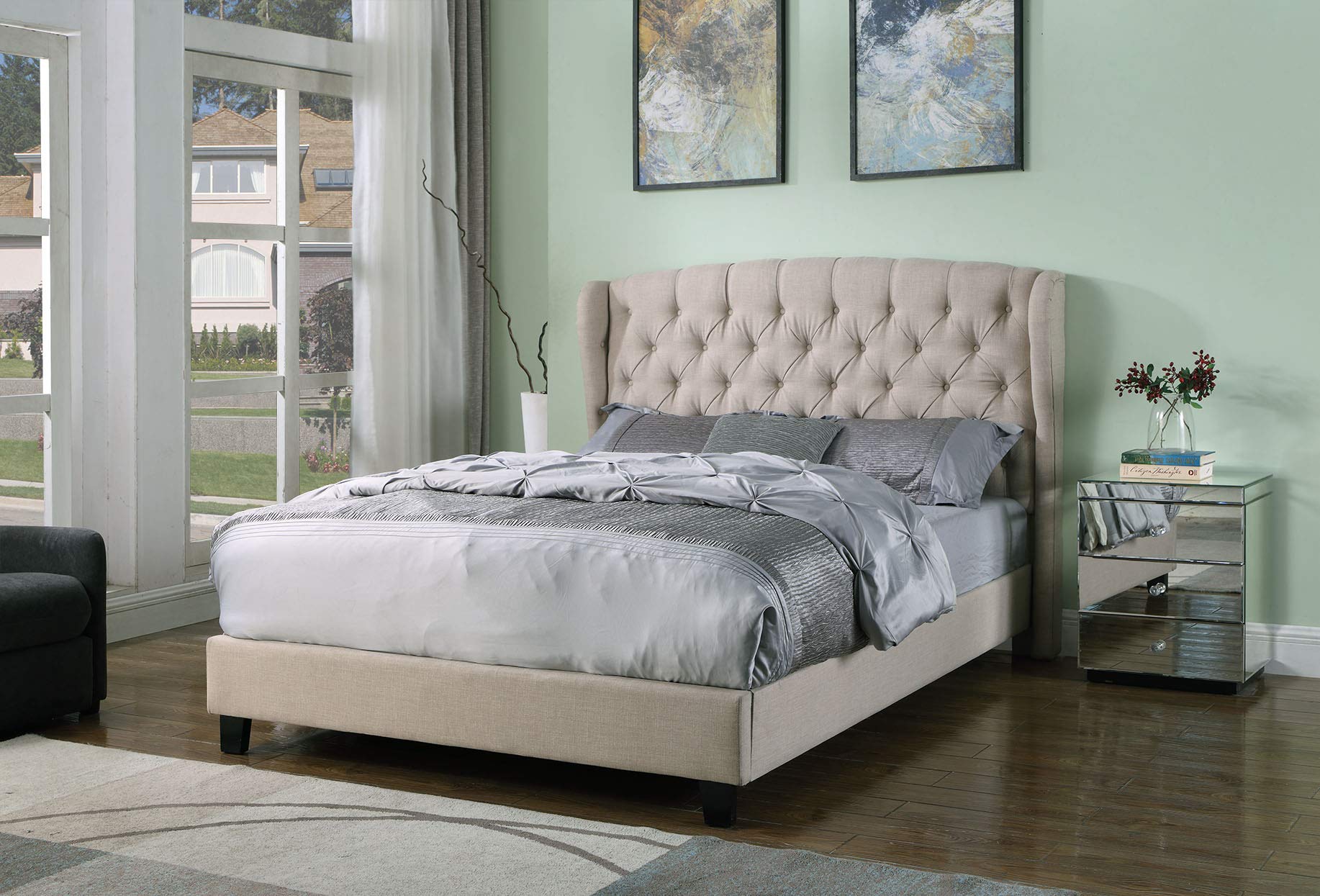 Best Master Furniture Yvette Upholstered Tufted with Wingback Platform Bed, California King, Beige ((Box 1 Of 2))