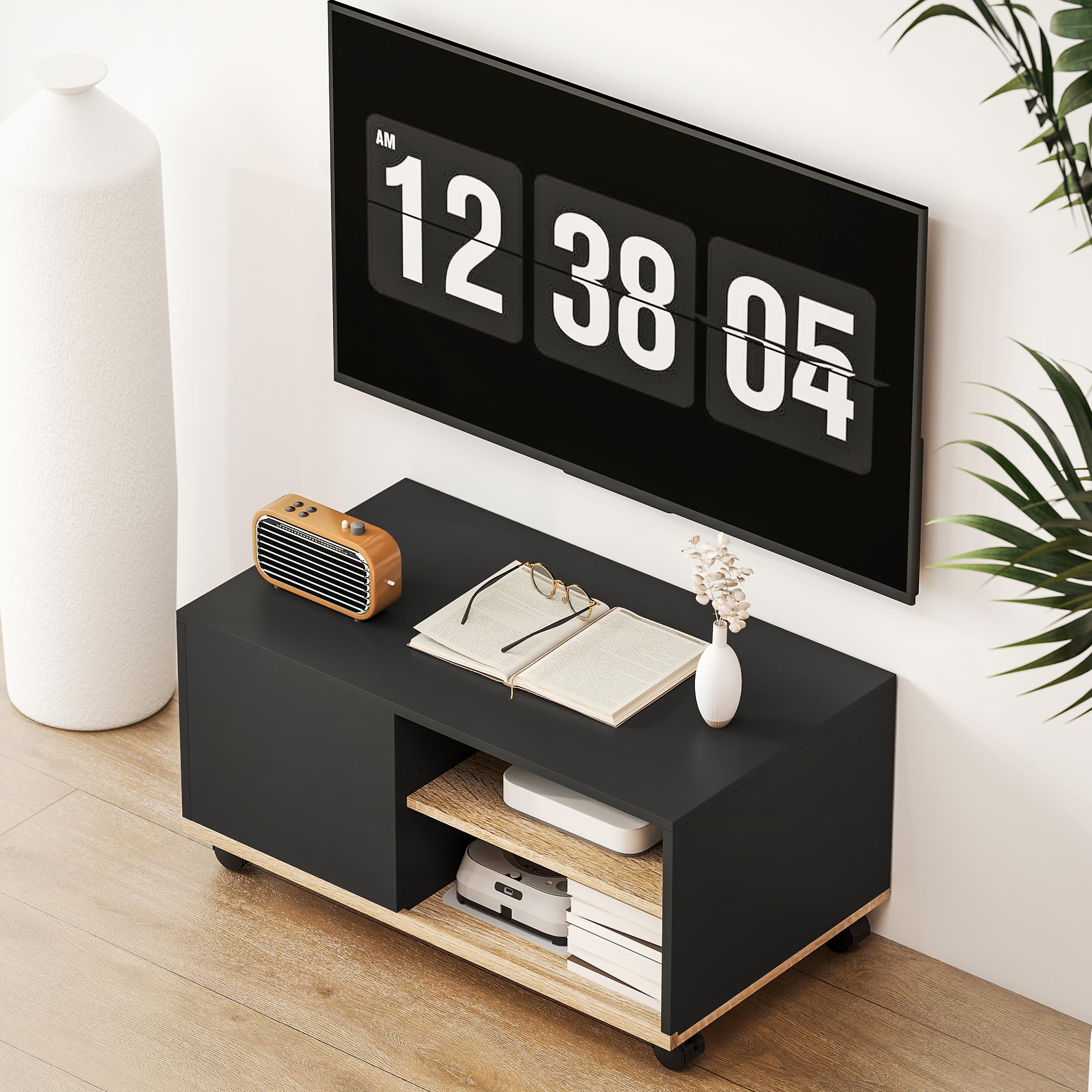 HOMCOM Meuble TV sur roulettes avec 2 Freins - 2 niches + Placard Porte 2 Passe-Fil - en Bois Noir chêne Clair