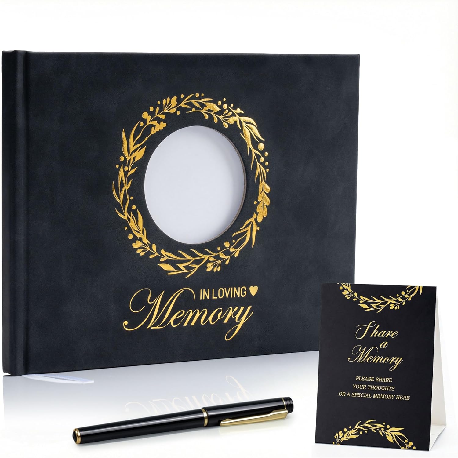 ArtSocket Funeral Guest Book for Memorial Black Leather with Gold Foil Memorial Service GuestBook for Funerals Elegant Celebration of Life and Loving Memorial Complete with Pen and Table Sign
