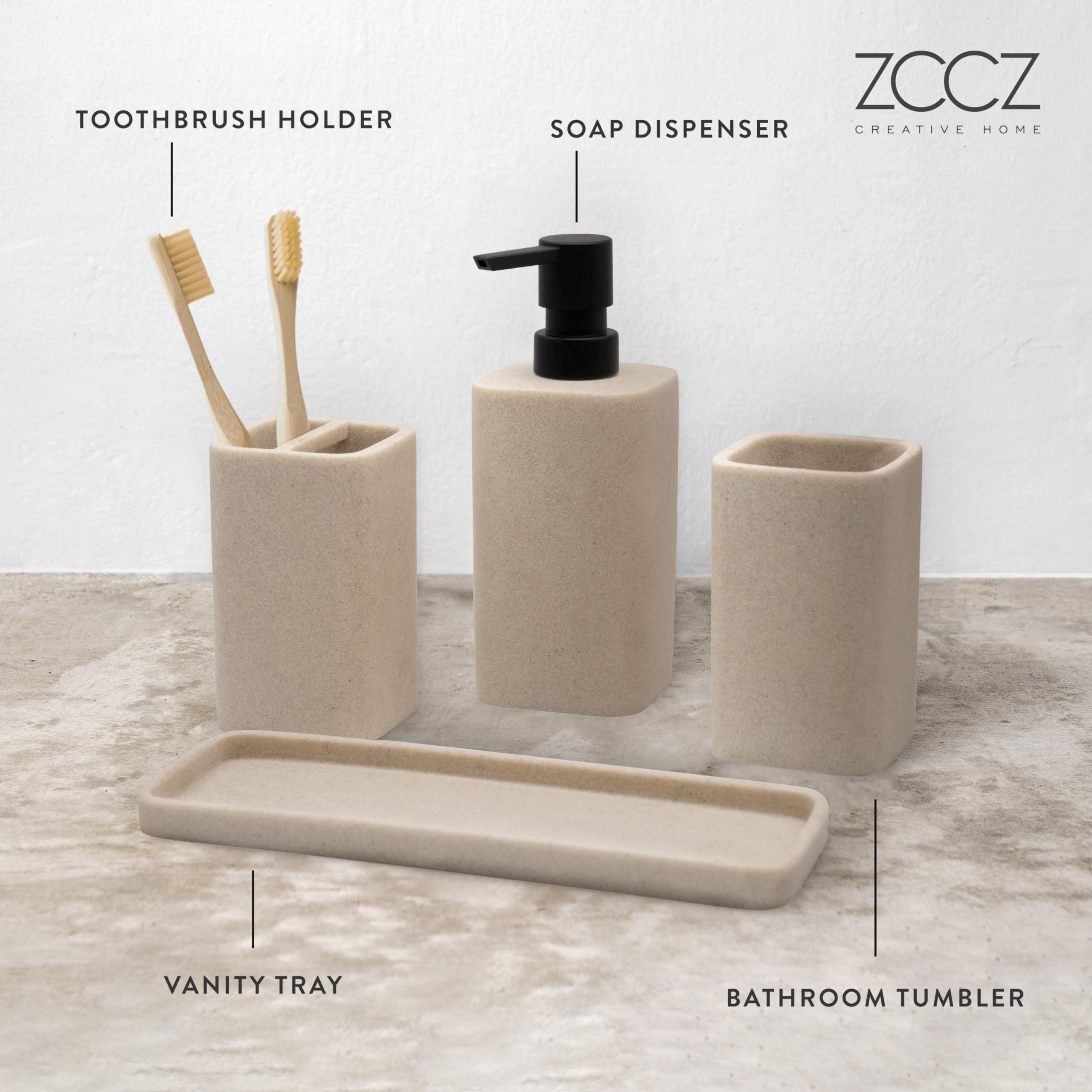 zccz Bathroom Accessory Set - 4 Piece Organiser with Toothbrush Holder, Soap Dispenser, Tumbler and Tray - Beige Bathroom Decor - Image 3