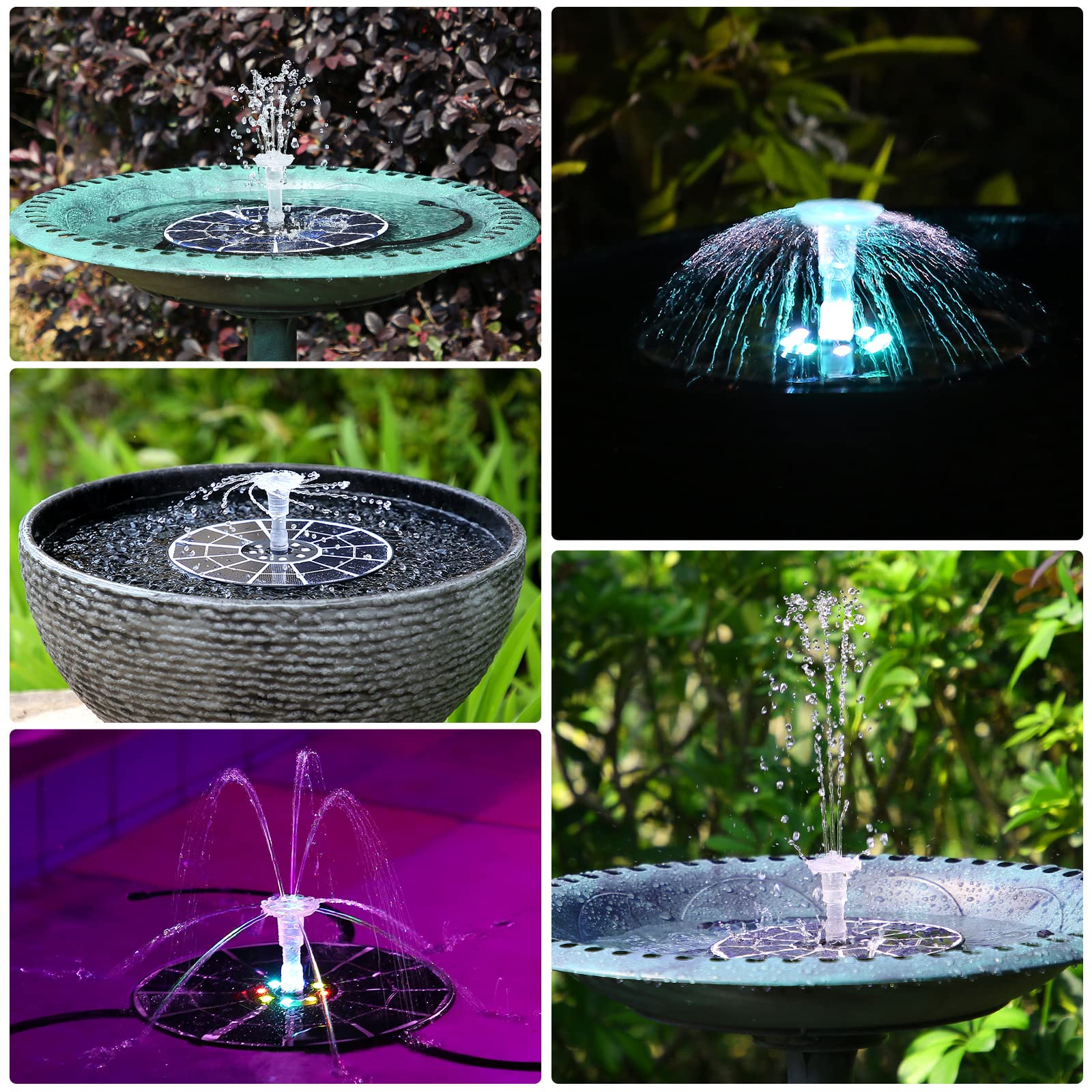 AISITIN Fuente Solar Jardin Exterior 3,5W LED con Soporte Ajustable, Fuente Solar Flotante con Batería Recargable, Diferentes Boquillas y Luz Multicolor para Piscina, Estanque Jardin, DIY