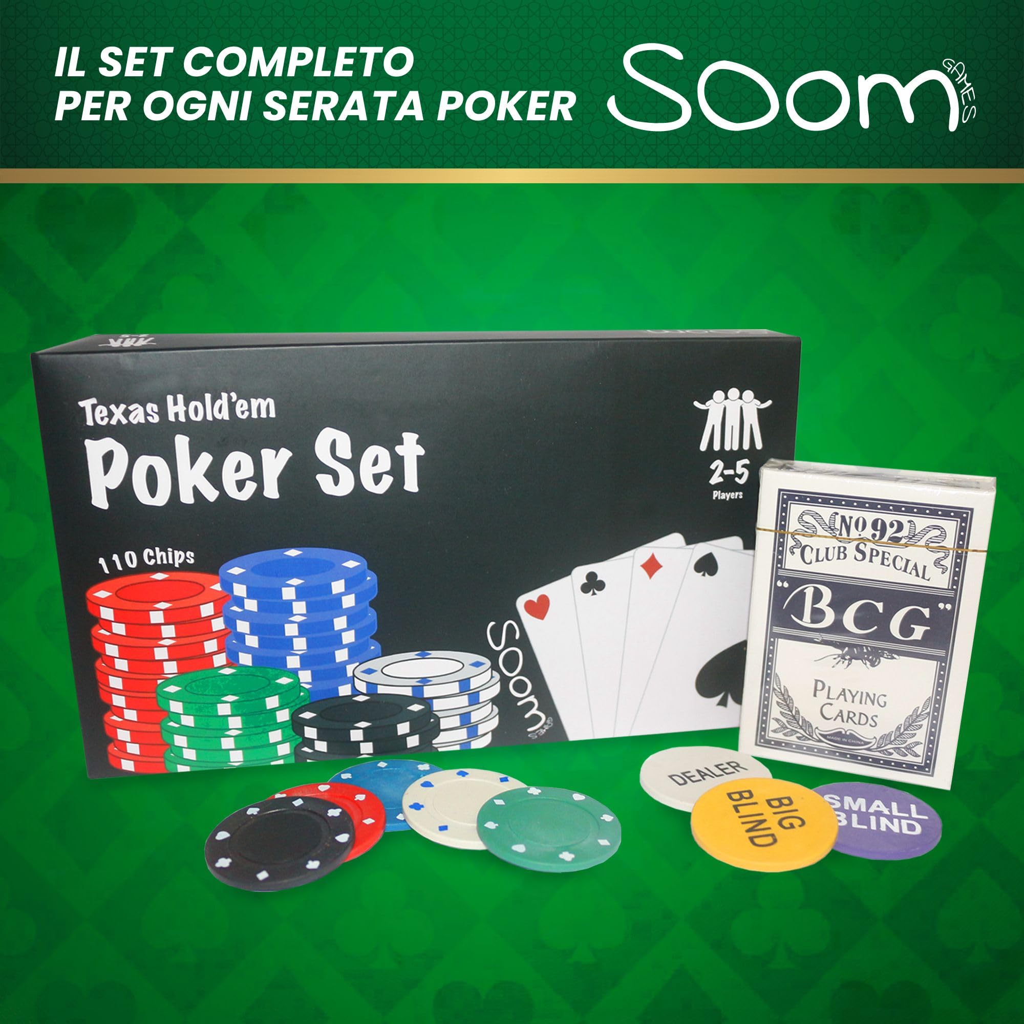 Set Poker per 2-4 Giocatori, 110 Chips, Pulsanti, Carte da Gioco Texas Holdem, Kit Completo