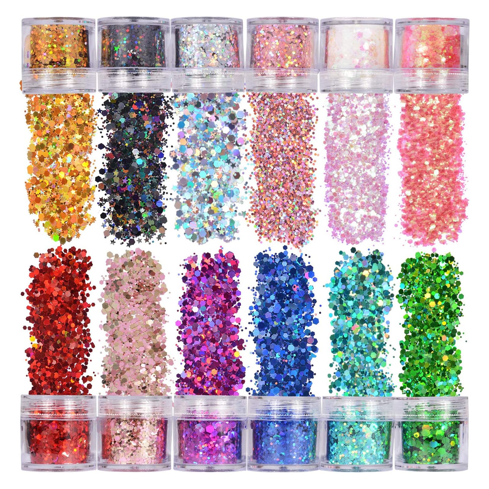 Holographic Chunky Glitter - No Glue Attached for Resin Art Crafts, 12 Colors Face Body Hair Nail Sequins, Cosmetic for Festival Makeup
