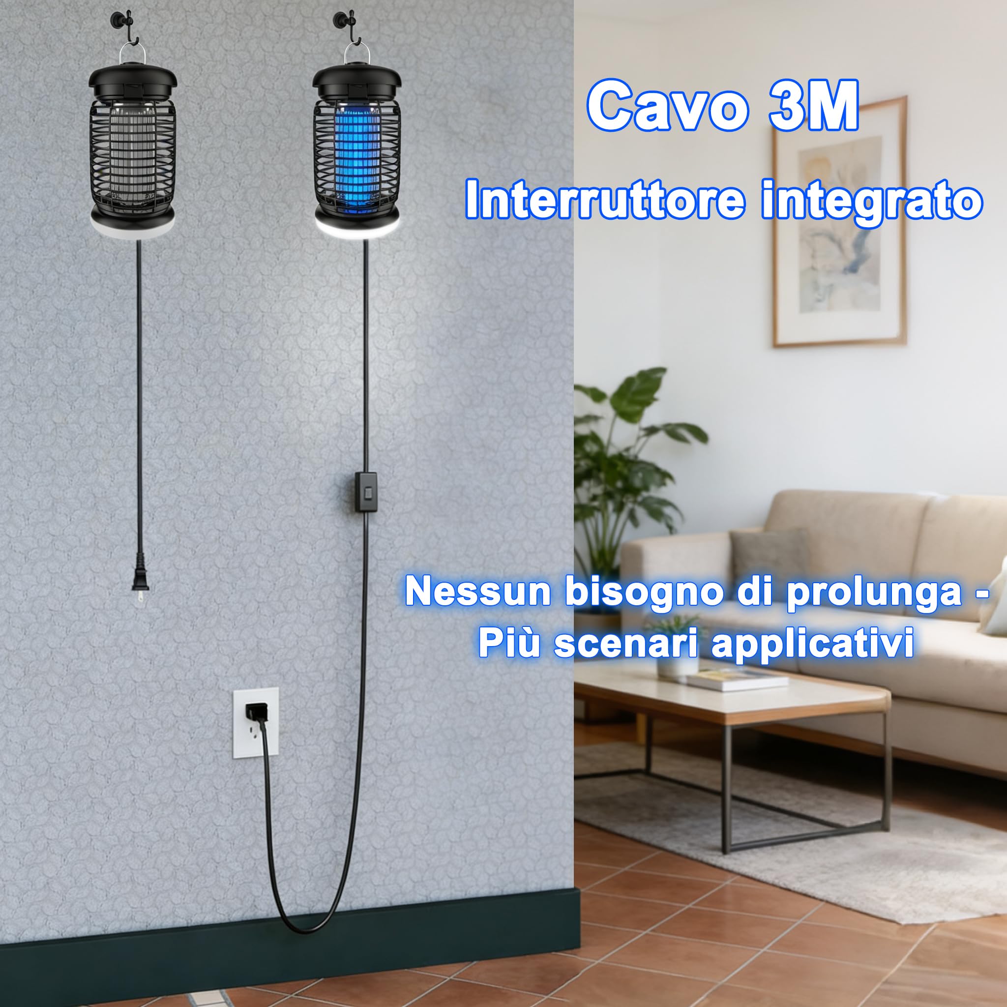 lampada antizanzare elettrica Cable de 3m, 4200V 15W UV Zanzariera Elettrica con 9W Led lampada, Alto-efficiente, Non tossico e inodore, IPX4, lampada zanzare per interni ed esterni