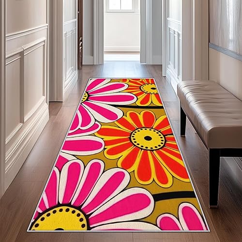 Miniatura 1 de Retro 70s Runner Rug 4x8, Sunflower Trendy Funky Floral Runner Rug for Hallway Bedroom Kitchen Entryway Non-Slip, Retro 70s Home Decor Rugs