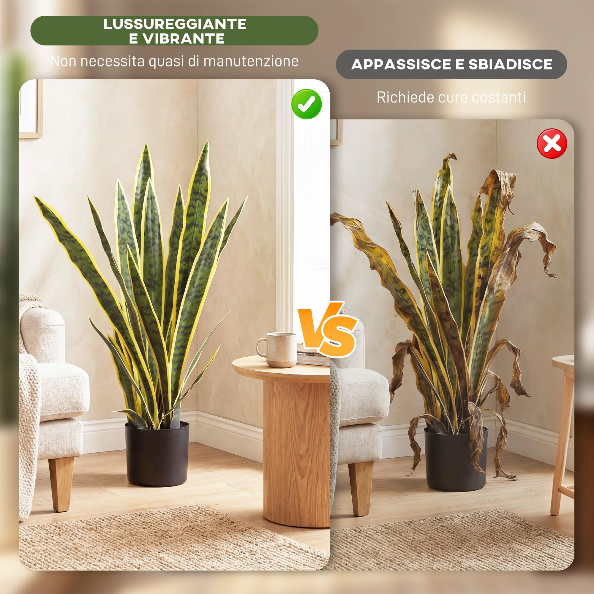 Outsunny Sanseveria Artificiale in Vaso, Pianta Finta da Esterno e Interno con 21 Foglie Modellabili, per Interno ed Esterno, Giardino, Ufficio, Soggiorno, Ø15x77 cm