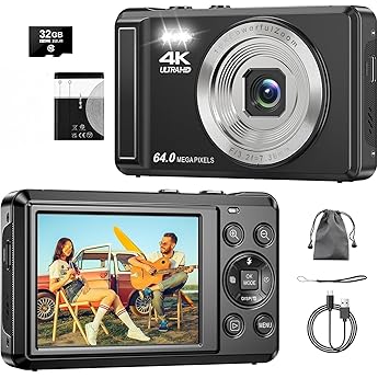 Digitalkamera 4K 64MP 2.8 Zoll UHD Autofokus Kamera fotokamera 32GB Karte & Akku16X Digitalzoom Wiederaufladbare Tragbare Kompaktkameras mit Anf nger Jugendliche