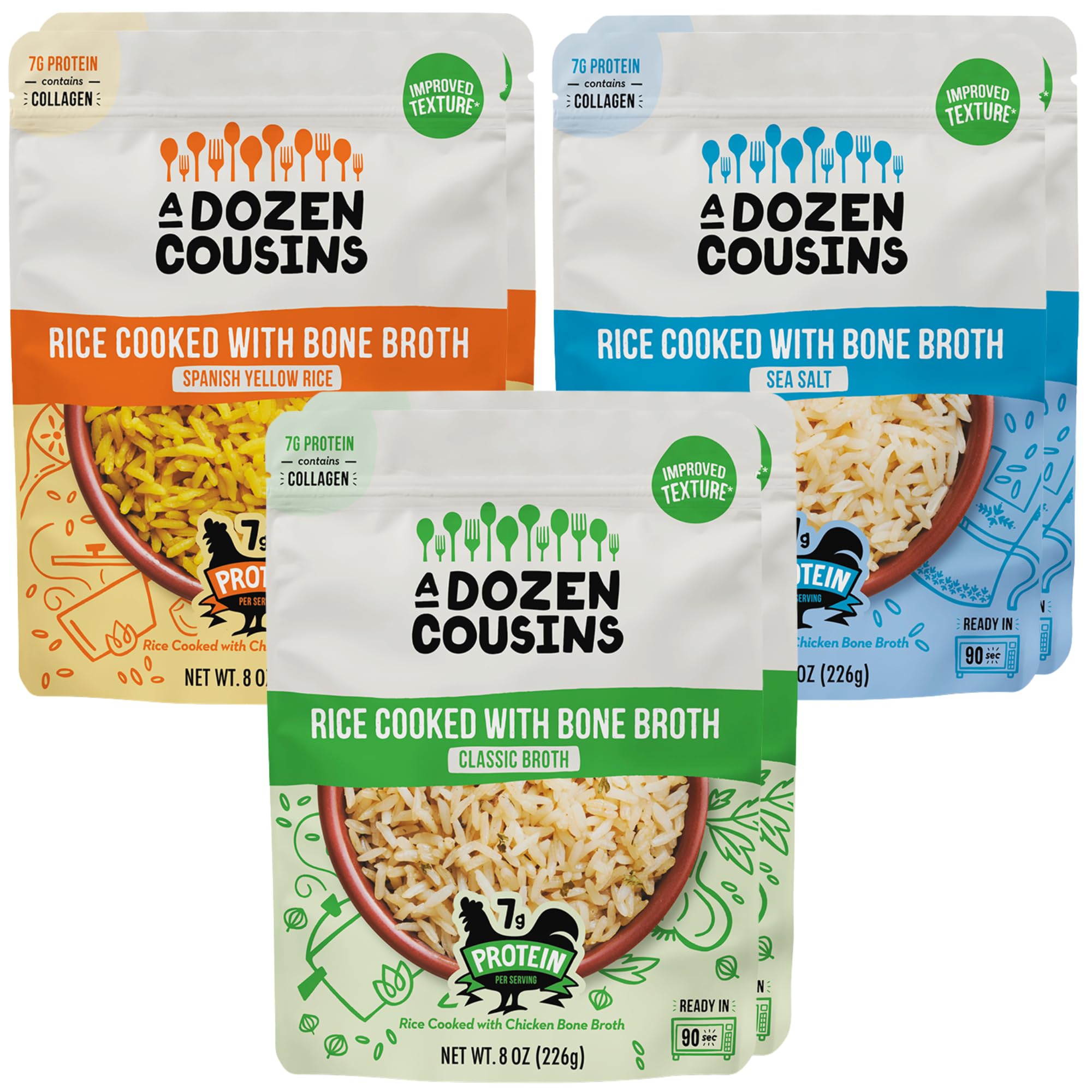 A Dozen Cousins Instant Minute Rice Variety Pack (6 Pack, 3 Each), Sea Salt, Classic, Spanish, Microwave Ready to Eat Meals, Long Grain Rice in Bone Broth, 7g Protein, Avocado Oil, 8oz Packets