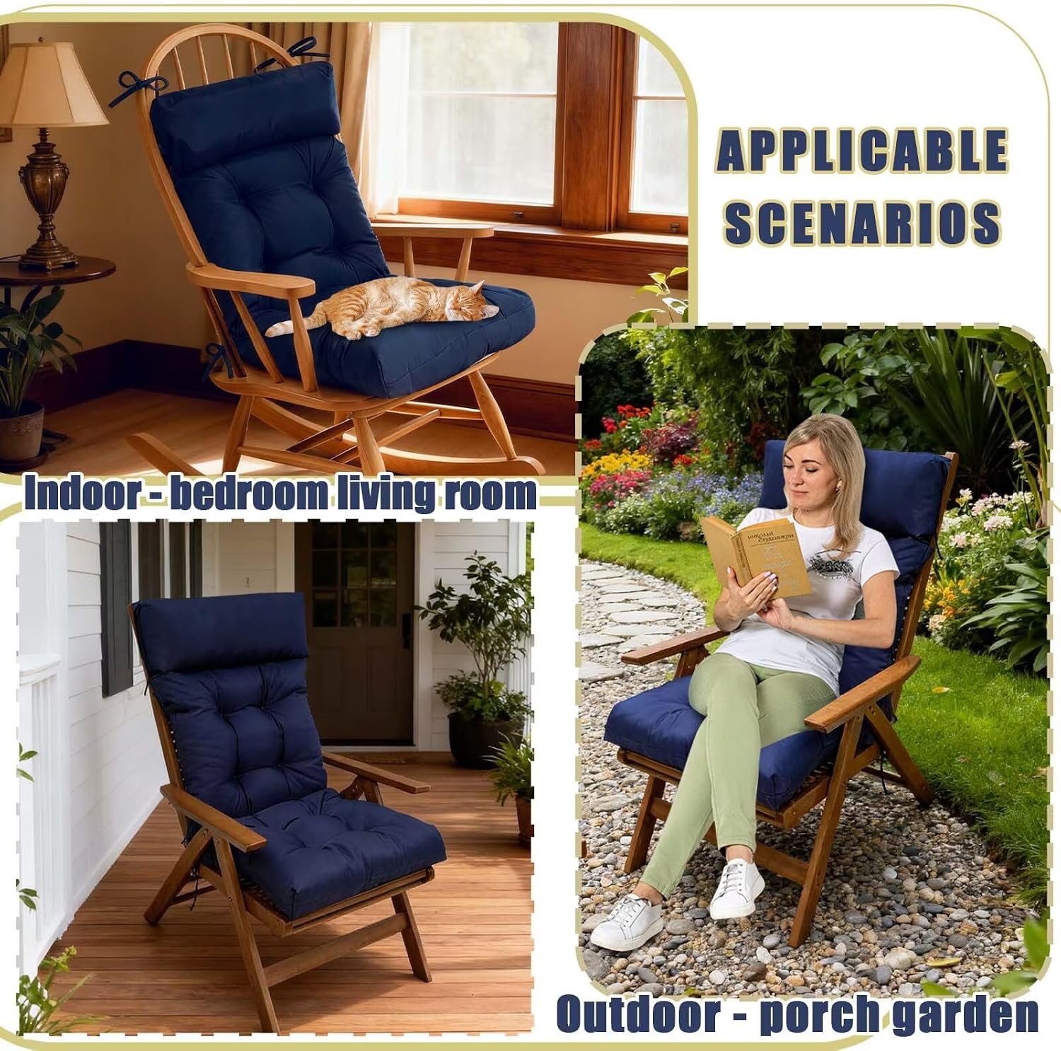 Outdoor Chair Cushions Waterproof Rocking Chair Cushion Floral High Back Adirondack Seat Pad for Patio Furniture 40×20in Blue Grey