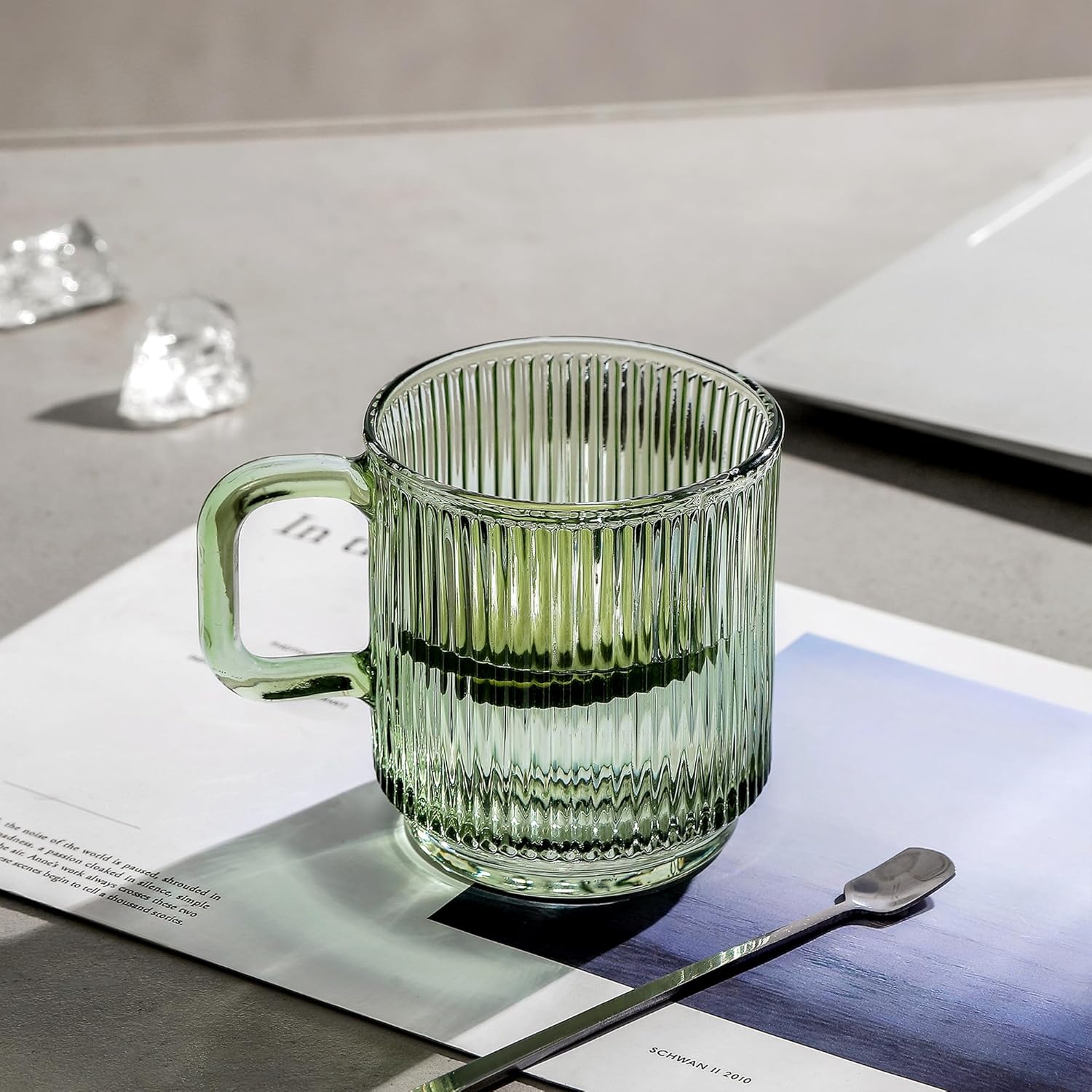 Lysenn Glass Coffee Mug with Lid - Premium Classical Vertical Stripes Glass Tea Cup - for Latte, Tea, Chocolate, Juice, Water - Lead-Free - Bamboo Lid - Lime Green - Image 2