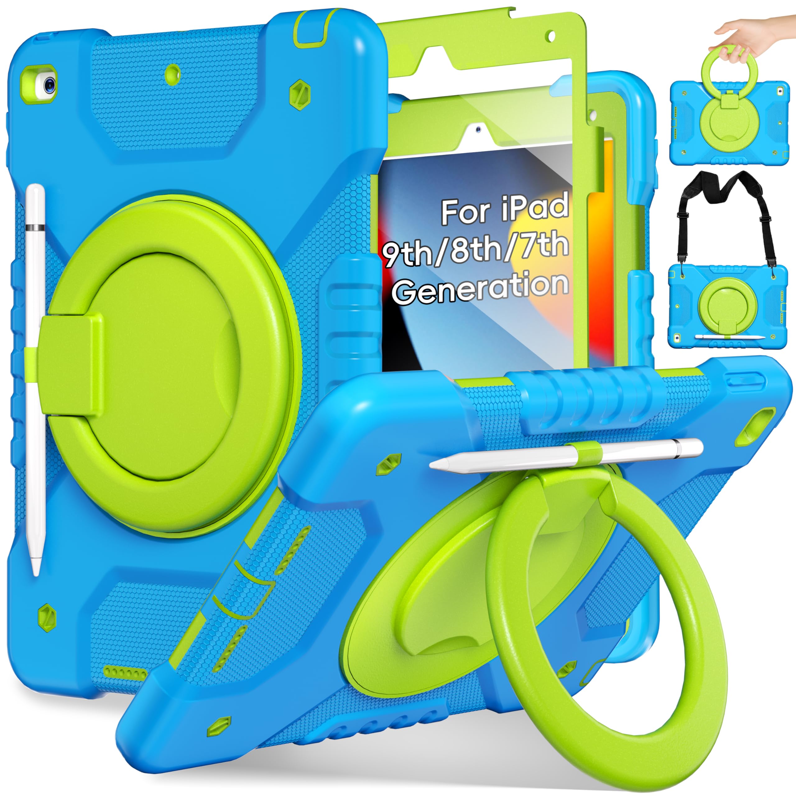 Andnary Case for iPad 9th/8th/7th Generation 10.2 inch, Shockproof Cover with Screen Protector/360° Rotating Handle/Bracket/Pen Holder/Shoulder Strap,