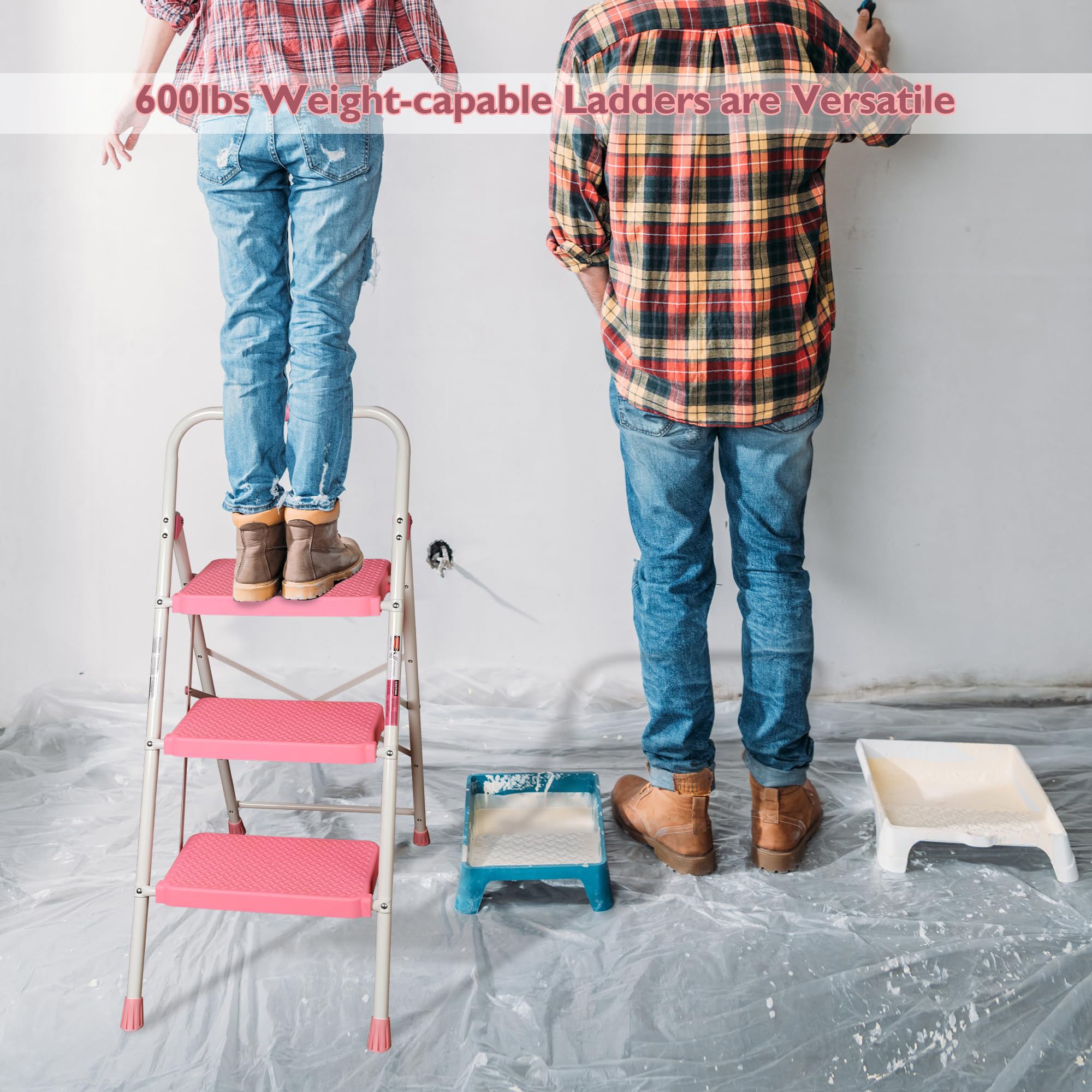BONTEC 3-Step Ladder, Folding Step Stool, 600lbs Max Load Capacity, Sturdy Steel, Non-Slip Pedals, Lightweight, Portable Steel Ladder with Convenient Handrail, Safety Design for Home & Work, Pink