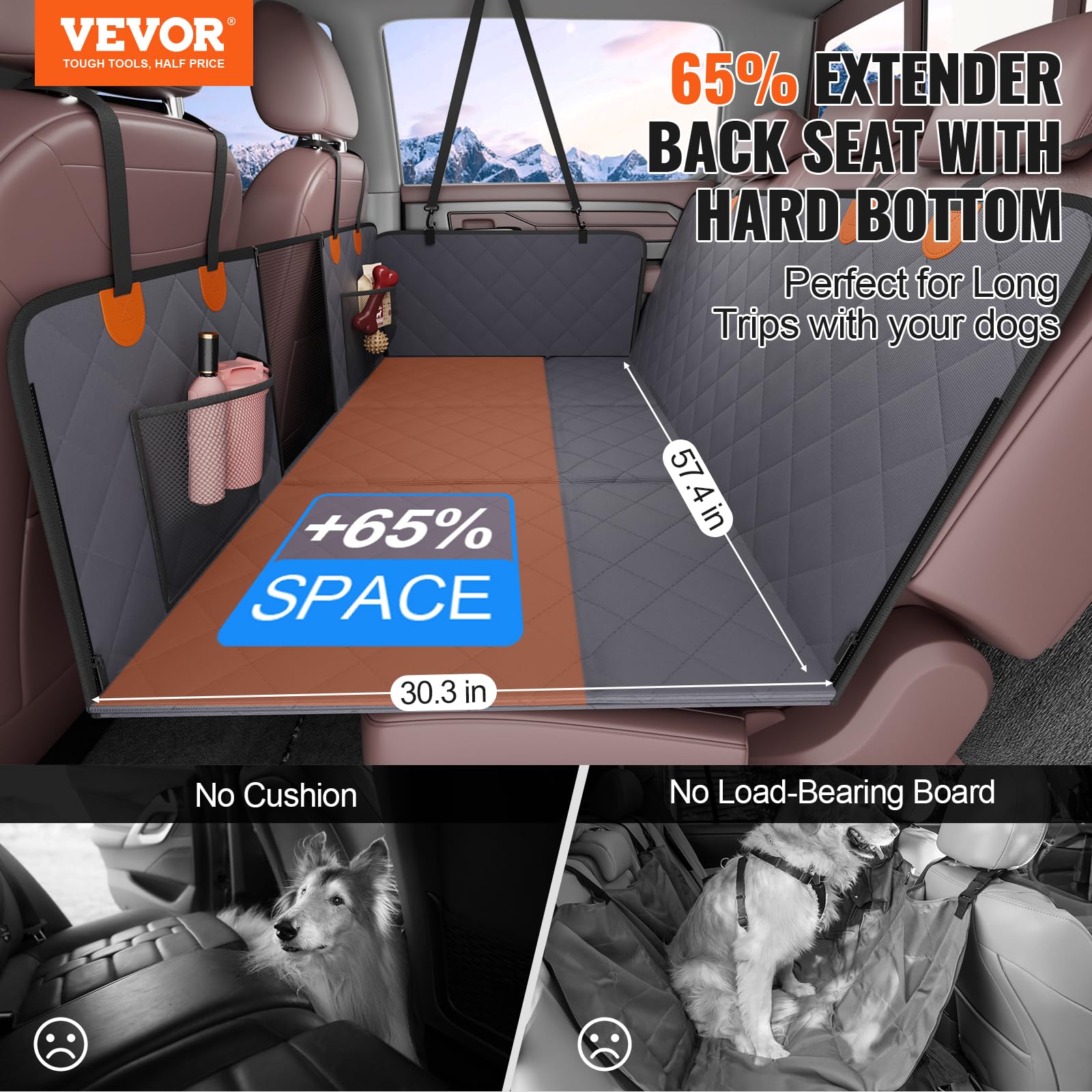 VEVOR Estensione per Sedile Posteriore per Cani, Amaca per Cani Coprisedile per Cani con Fondo Rigido Sedile Posteriore 1420 x 770 mm, 181,4 kg, con Finestra a Rete e Tasca Portaoggetti per Auto, SUV