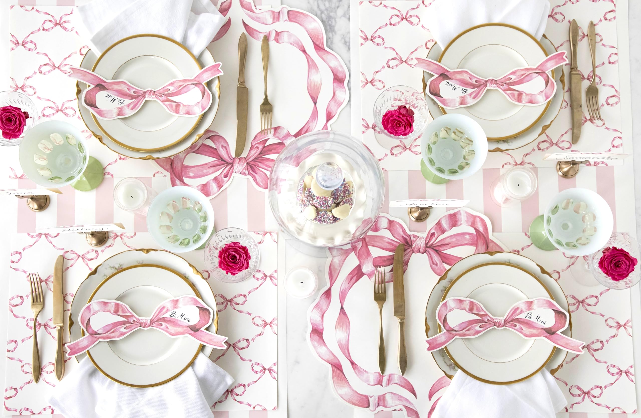 Manteles individuales de papel desechables para mesa de comedor, diseño de cuadros cruzados de lazo rosa para fiestas, 24 hojas por bloc, hechos en Estados Unidos