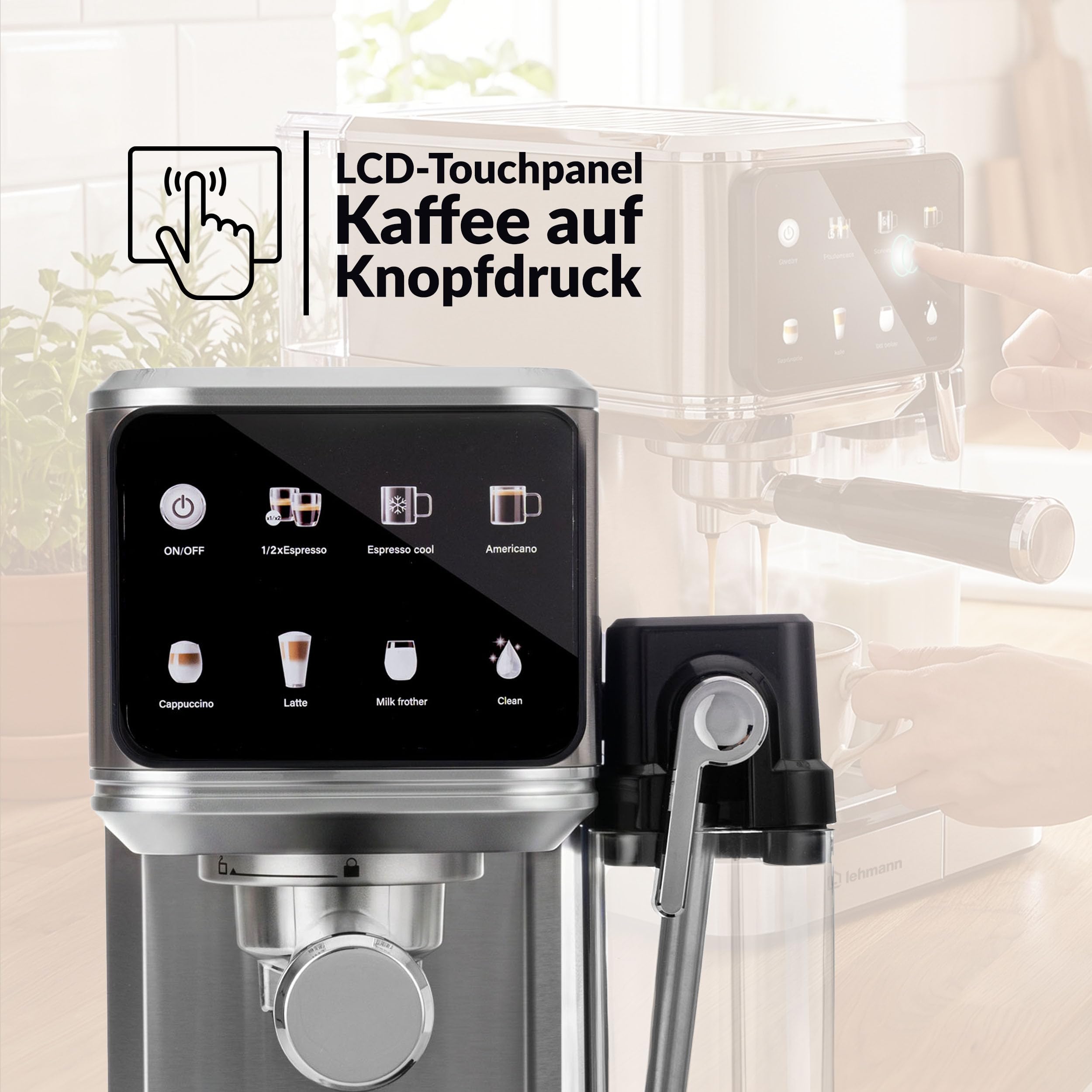LEHMANN Siebträgermaschine 20 Bar, 7-in-1 Espressomaschine mit Milchtank