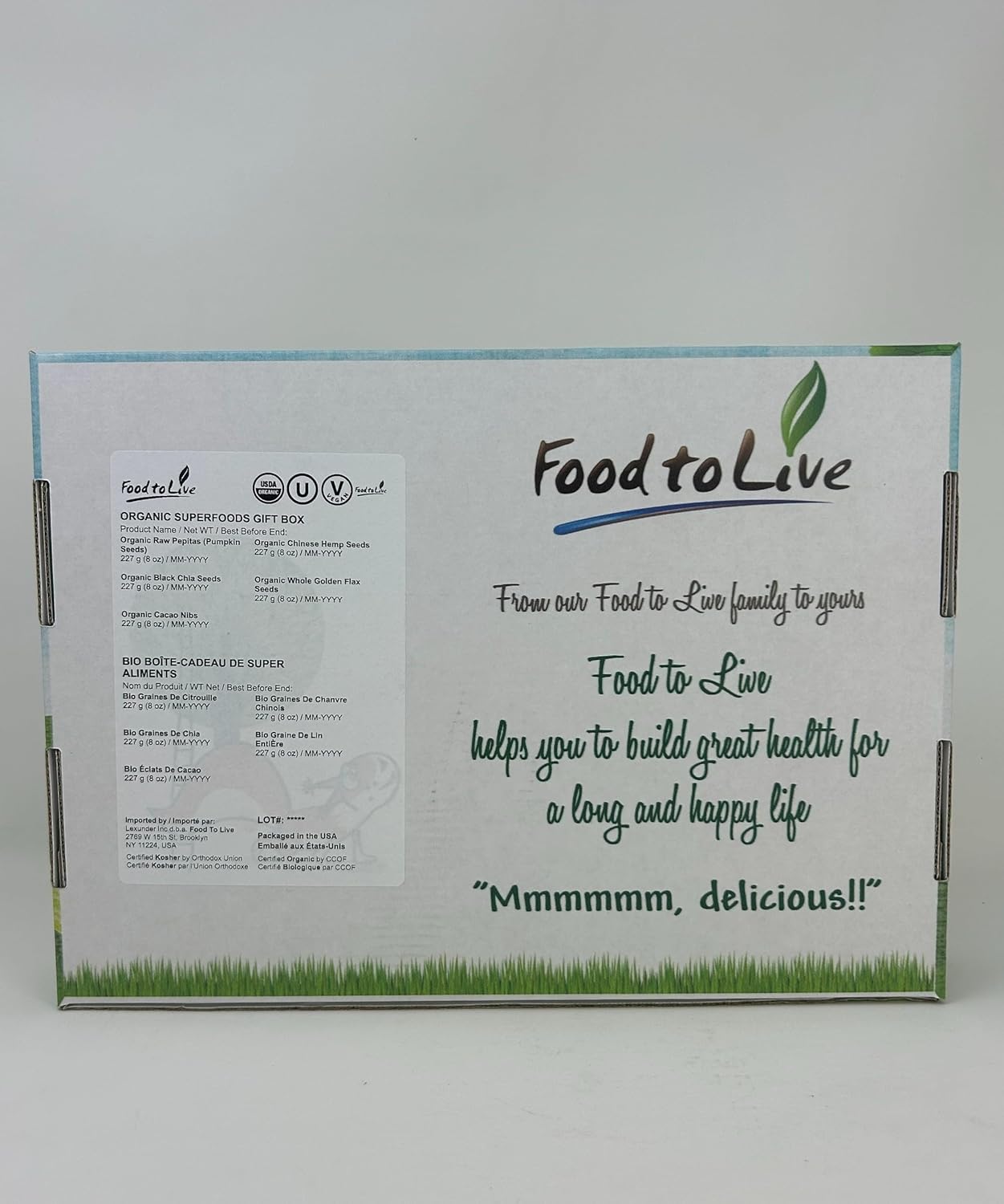 Food to Live Organic Superfoods in a Gift Box - A Variety Pack of Pumpkin Seeds, Hemp Seeds, Chia Seeds, Golden Flax Seeds, and Cacao Nibs