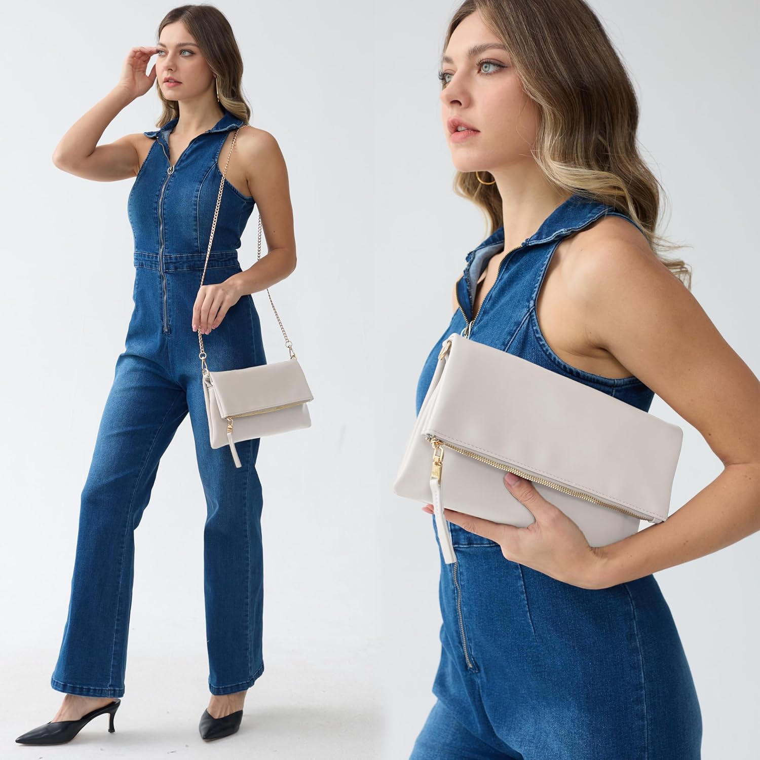 Women's Zipper Foldover Clutch Vegan Leather Envelope Cross body Bag with Chain Strap - Image 2