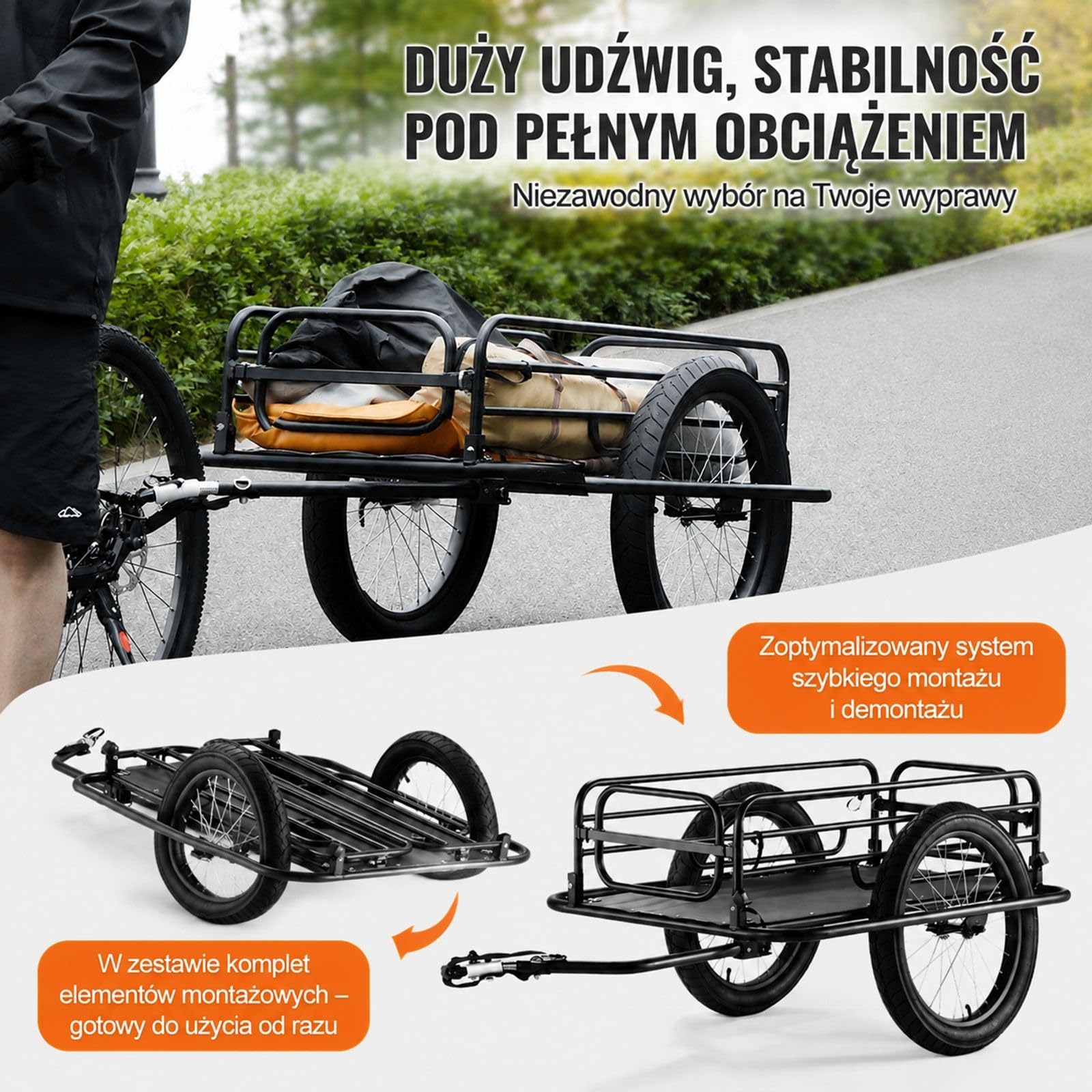 Przyczepka rowerowa 125 kg, składany wózek transportowy z szybkozamykaczem, uniwersalnym zaczepem i ramą ze stali węglowej